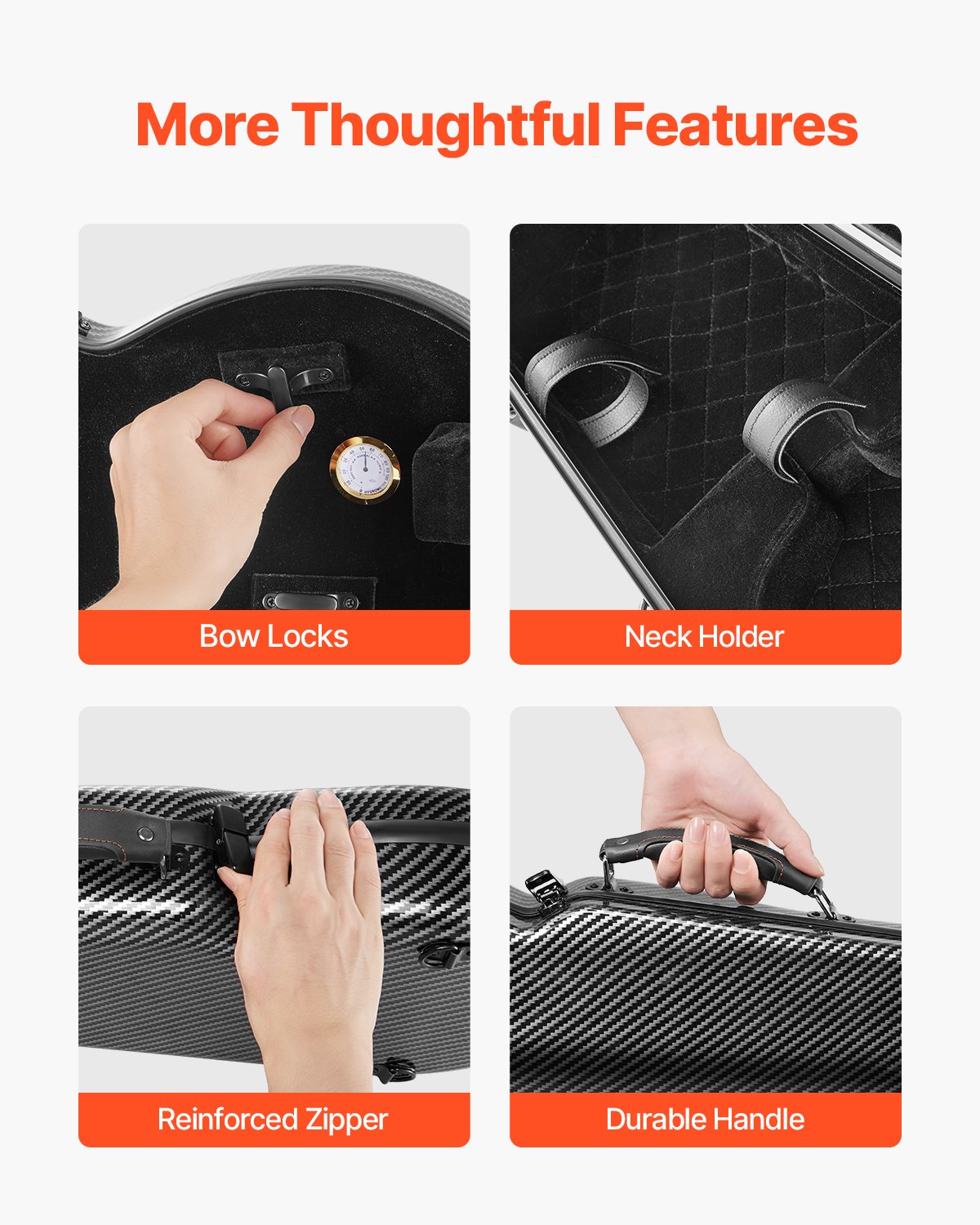 VEVOR 4/4 Full Size Violin Case, Built-in Hygrometer, Lightweight Portable Travel Carrying Bag, with Plush Lining, Dual Shoulder Straps, Anti-Scratch, Professional Triangular Shape, for Violin, Black