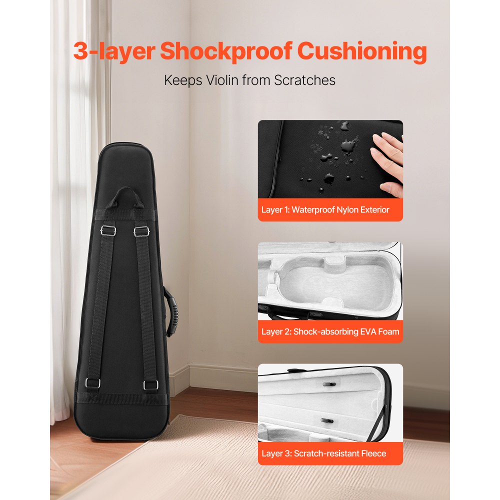 VEVOR 4/4 vioolkoffer van volledig formaat, waterdichte nylon vioolkoffer met zachte voering, twee schouderbanden, krasbestendig, professionele driehoekige vorm, voor viool, zwart