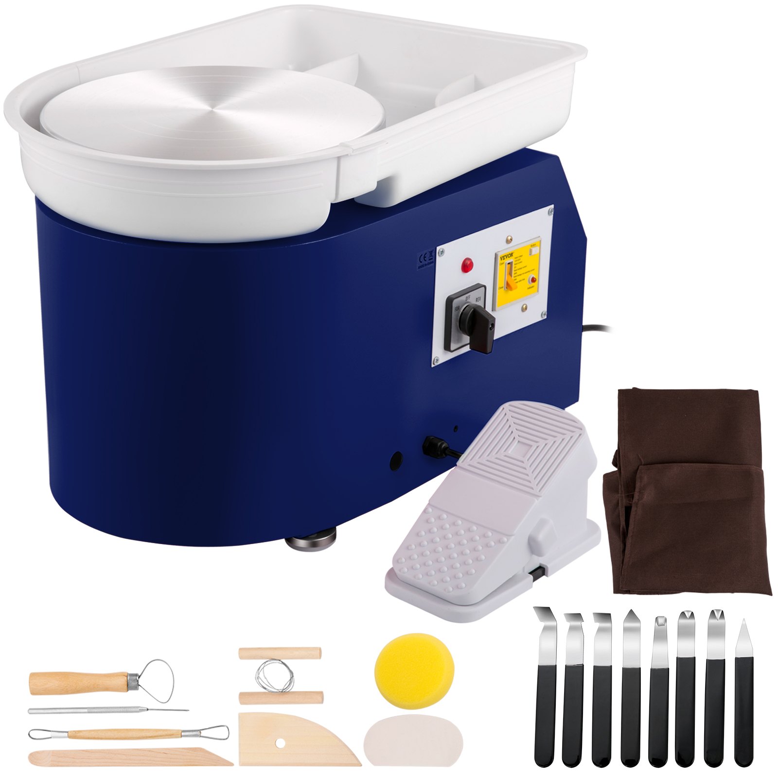 VEVOR Aardewerk Wiel 28 cm 0-300 RPM Keramisch Wiel, 350W Instelbare Snelheid Vormmachine met Beeldhouwgereedschap en Schort, Afneembare Wastafel Voetpedaalbediening voor Kunst en Thuis DIY Blauw