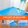 VEVOR carpet protection film installed in three steps: clean surface, unroll film, and seal edges.