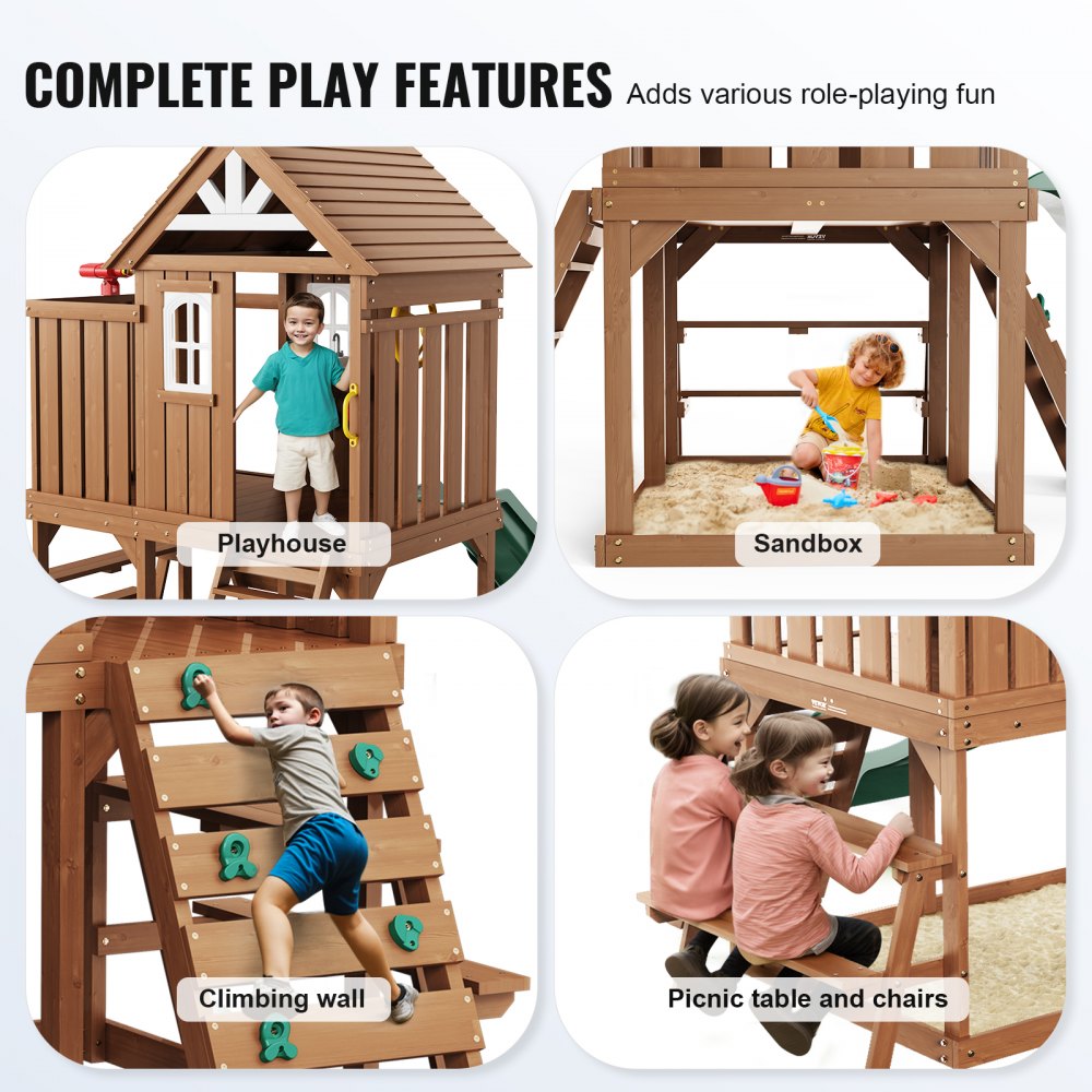 VEVOR Houten Speelhuis Kinderspeelhuis, Tuinhuis voor Kinderen vanaf 2 Jaar, Tuinspeelhut, Speelhuis van Cederhout in Landelijke Stijl met Glijbaan, Ladder, Klimwand, Ramen, Picknicktafel Buiten