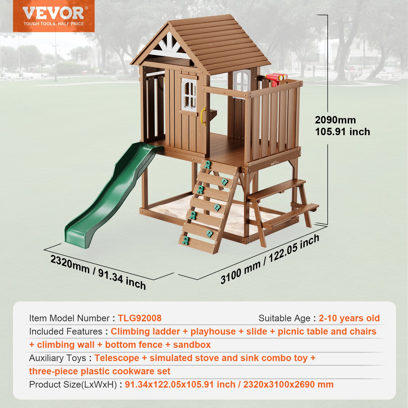 VEVOR Houten Speelhuis Kinderspeelhuis, Tuinhuis voor Kinderen vanaf 2 Jaar, Tuinspeelhut, Speelhuis van Cederhout in Landelijke Stijl met Glijbaan, Ladder, Klimwand, Ramen, Picknicktafel Buiten