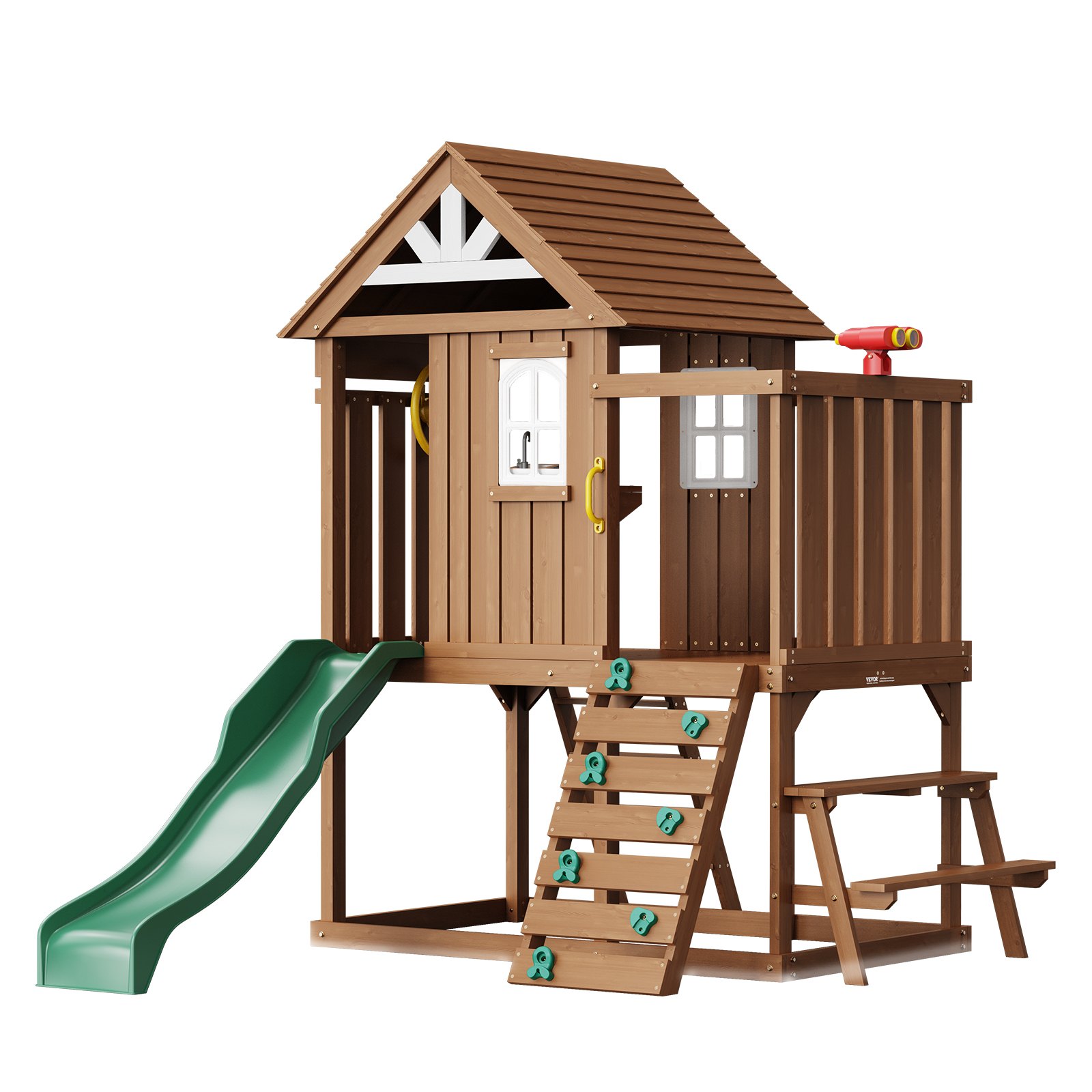 VEVOR Houten Speelhuis Kinderspeelhuis, Tuinhuis voor Kinderen vanaf 2 Jaar, Tuinspeelhut, Speelhuis van Cederhout in Landelijke Stijl met Glijbaan, Ladder, Klimwand, Ramen, Picknicktafel Buiten