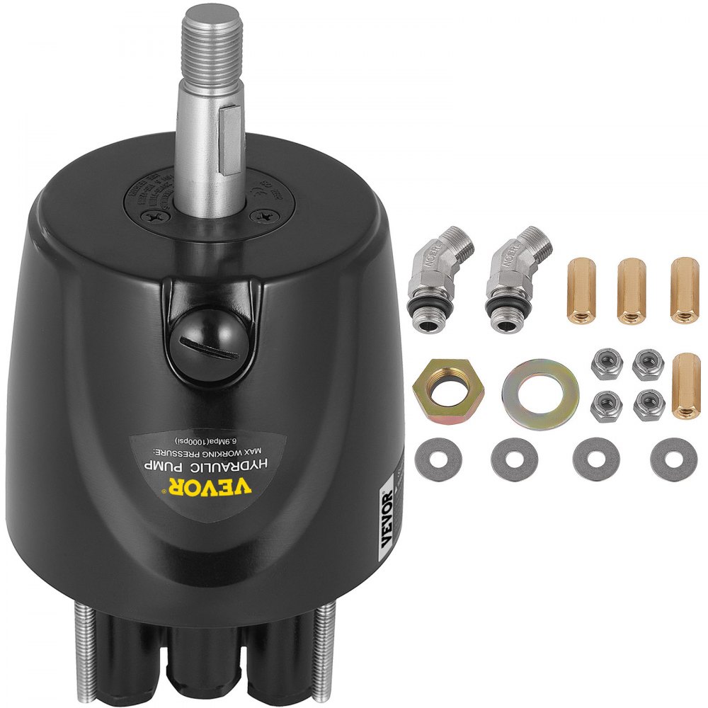 Gedetailleerde informatie over de hydraulische stuurpomp van VEVOR met accessoires, schroeven en ringen.