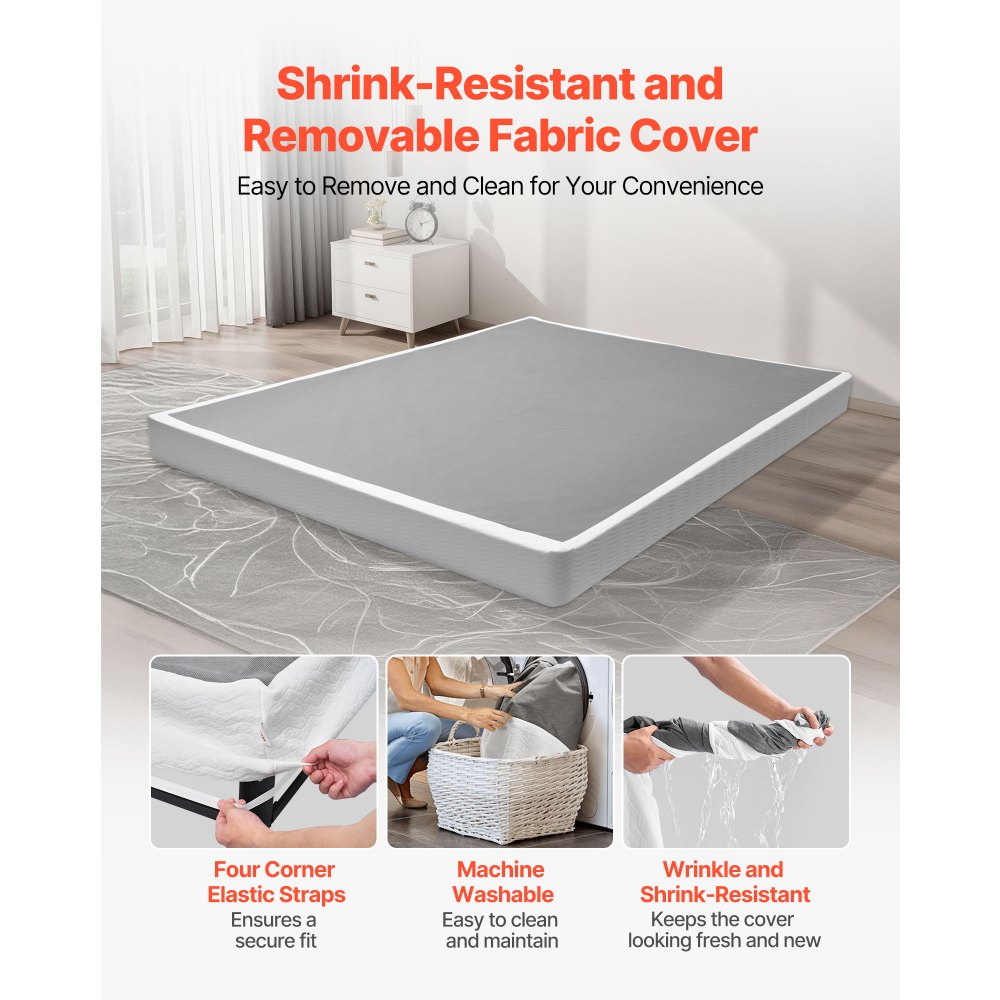 VEVOR Boxspring Bedframe (Queen Size) met Wasbare Stoffen Hoes, Metalen Frame (2010 x 1510 x 102 mm) voor Queen Size Bedden, 102 mm Matrasbovenzijde, Max. Draagvermogen 1587,57 kg, Matrasbodem