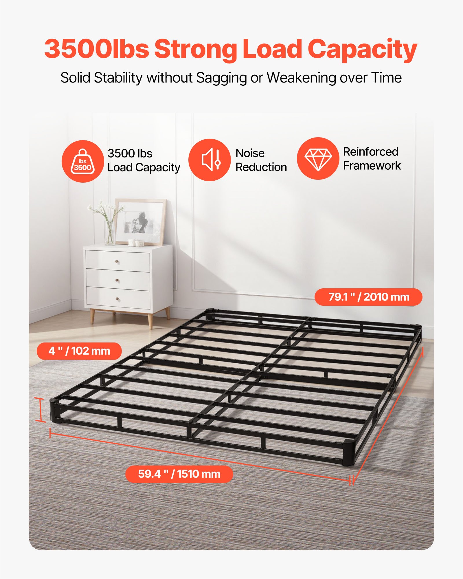 VEVOR Boxspring Bedframe (Queen Size) met Wasbare Stoffen Hoes, Metalen Frame (2010 x 1510 x 102 mm) voor Queen Size Bedden, 102 mm Matrasbovenzijde, Max. Draagvermogen 1587,57 kg, Matrasbodem