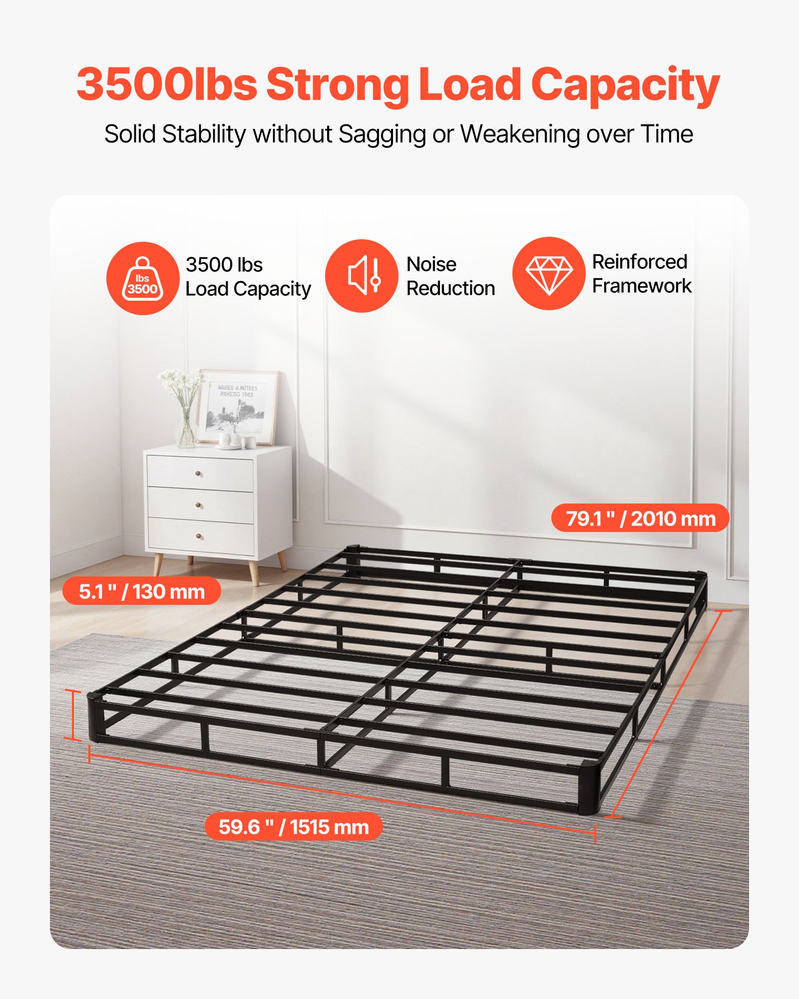 VEVOR Boxspring Bedframe (Queen Size) met Wasbare Stoffen Hoes, Metalen Frame (2010 x 1515 x 130 mm) voor Queen Size Bedden, 13 cm Matras Top, Max. Draagvermogen 1587,57 kg, Matrasbodem