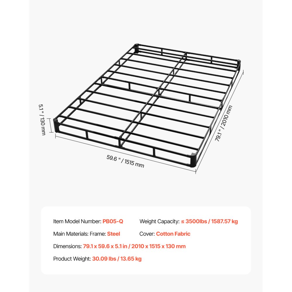 VEVOR Boxspring Queensize Bedframe met wasbare stoffen hoes, metalen frame voor queensize bedden, max. draagvermogen van 1587 kg, 2010 x 1925 x 230 mm (zonder matras)