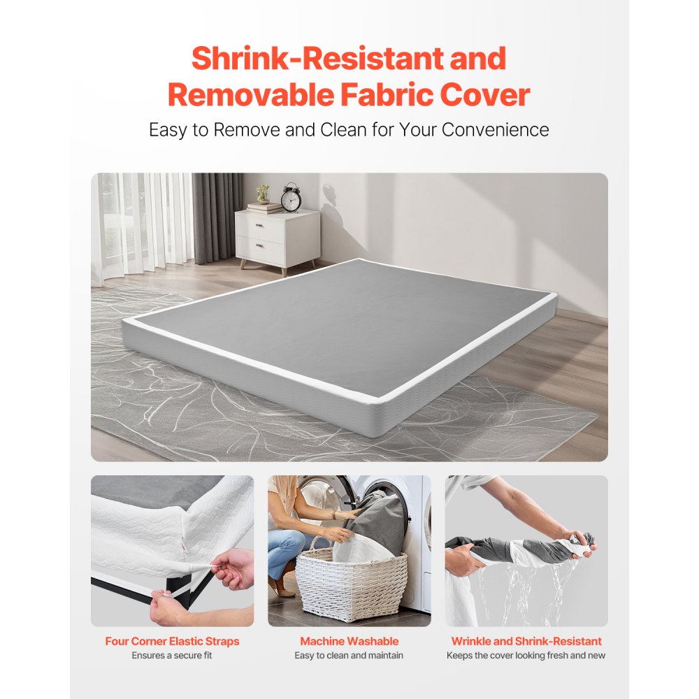 VEVOR Queensize boxspringbedframe met wasbare stoffen hoes, metalen frame voor queensize bedden, matrasbodem van 102 mm, max. draagvermogen van 1587 kg (2010 x 1510 x 102 mm)