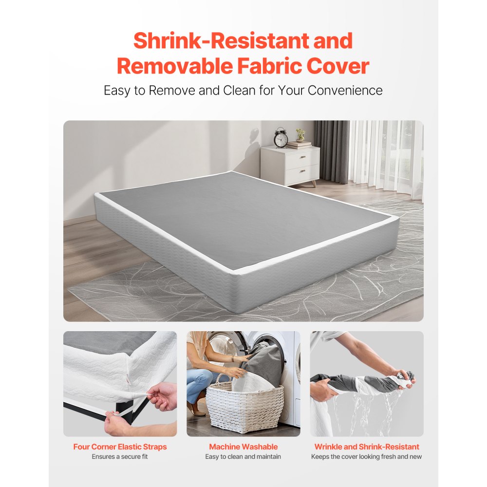 VEVOR Box Spring, Queen Size Bed Frame with Washable Fabric Cloth, Heavy Duty Metal Frame for Queen Bed, 9 in Mattress Foundation, 3500 lbs Max Weight Capacity, Easy Assembly, 79.1L x 59.6W x 9.1H in