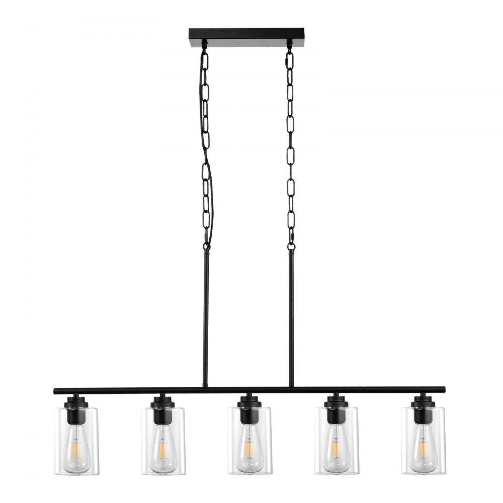 VEVOR 5-lichts hanglamp voor keukeneiland, 60W verstelbare eetkamerlamp met lampenkap van helder glas, 4 stangen, 2 metalen kettingen, lineaire kroonluchter in boerderijstijl