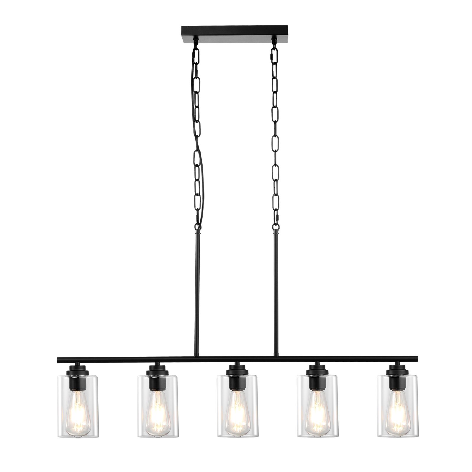 VEVOR 5-Light Kitchen Island Pendant Lights, 60W, Adjustable Dining Room Light Fixture with Clear Glass Lampshade 4 Rods 2 Metal Chains, Metal Frame Farmhouse Linear Chandeliers for Dining Room, E27