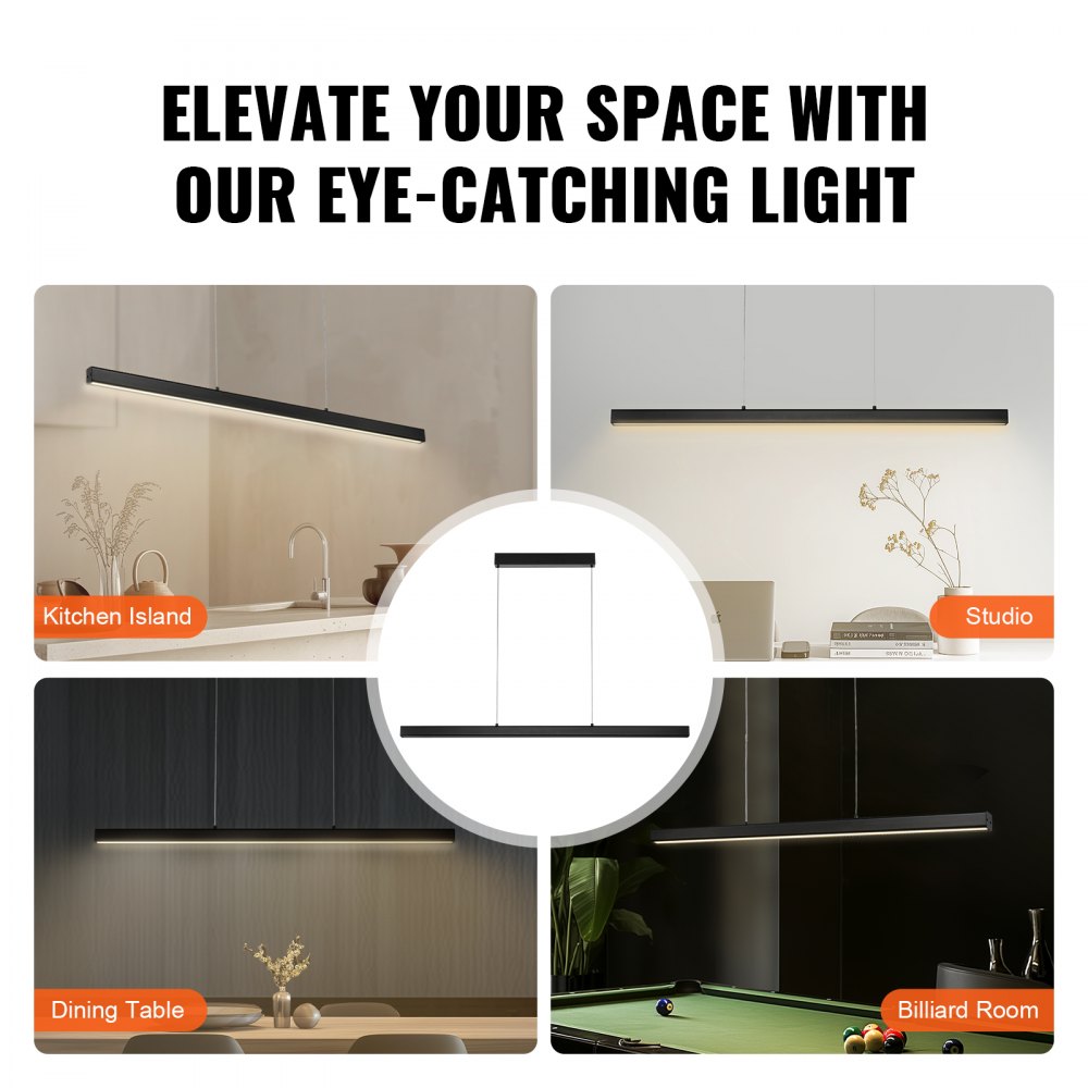 VEVOR Dimmable Linear Pendant Light, 20W, 47 in LED Linear Light Fixture Chandelier with Remote Control Acrylic Lampshade, Adjustable 3000K-6000K Color Temperature Brightness, for Dining Room Kitchen