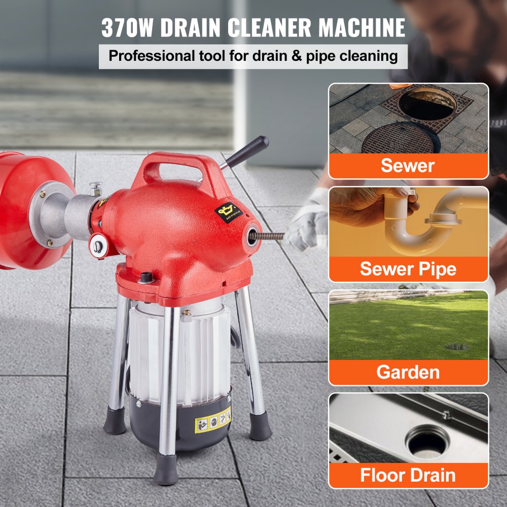 VEVOR Pijpreinigingsmachine 120 ft x 5/8 in, 370 W Elektrische Pijpreinigingsspiraal met Handmatige Aanvoer – met 2 stalen kabelsecties (120' x 5/8" en 23' x 3/8"), 7 snijbladen en CW/CCW-regeling voor pijpen van 1,6" tot 4
