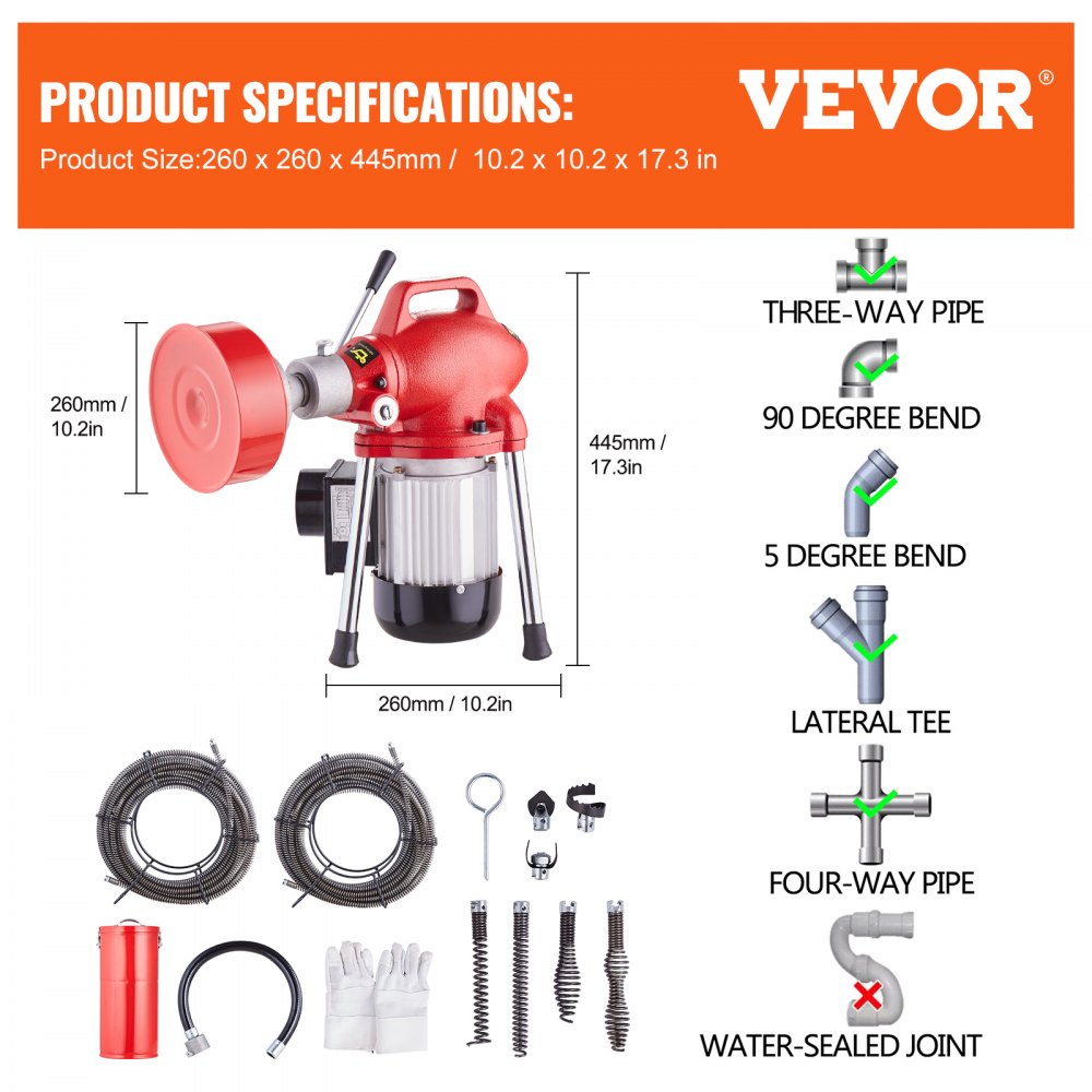 VEVOR Pijpreinigingsmachine 120 ft x 5/8 in, 370 W Elektrische Pijpreinigingsspiraal met Handmatige Aanvoer – met 2 stalen kabelsecties (120' x 5/8" en 23' x 3/8"), 7 snijbladen en CW/CCW-regeling voor pijpen van 1,6" tot 4