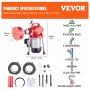 VEVOR Pijpreinigingsmachine 120 ft x 5/8 in, 370 W Elektrische Pijpreinigingsspiraal met Handmatige Aanvoer – met 2 stalen kabelsecties (120' x 5/8" en 23' x 3/8"), 7 snijbladen en CW/CCW-regeling voor pijpen van 1,6" tot 4