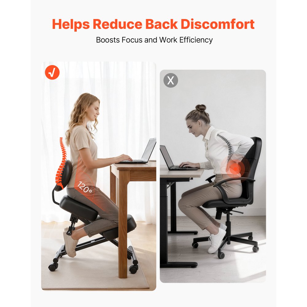 VEVOR Ergonomic Kneeling Chair with Backrest & Wheels, Mobile X-Shaped Posture Knee Chair with Adjustable Height & Thick Foam Cushions, Relief for Neck or Back Pain for Home, Office, Meditation, Black