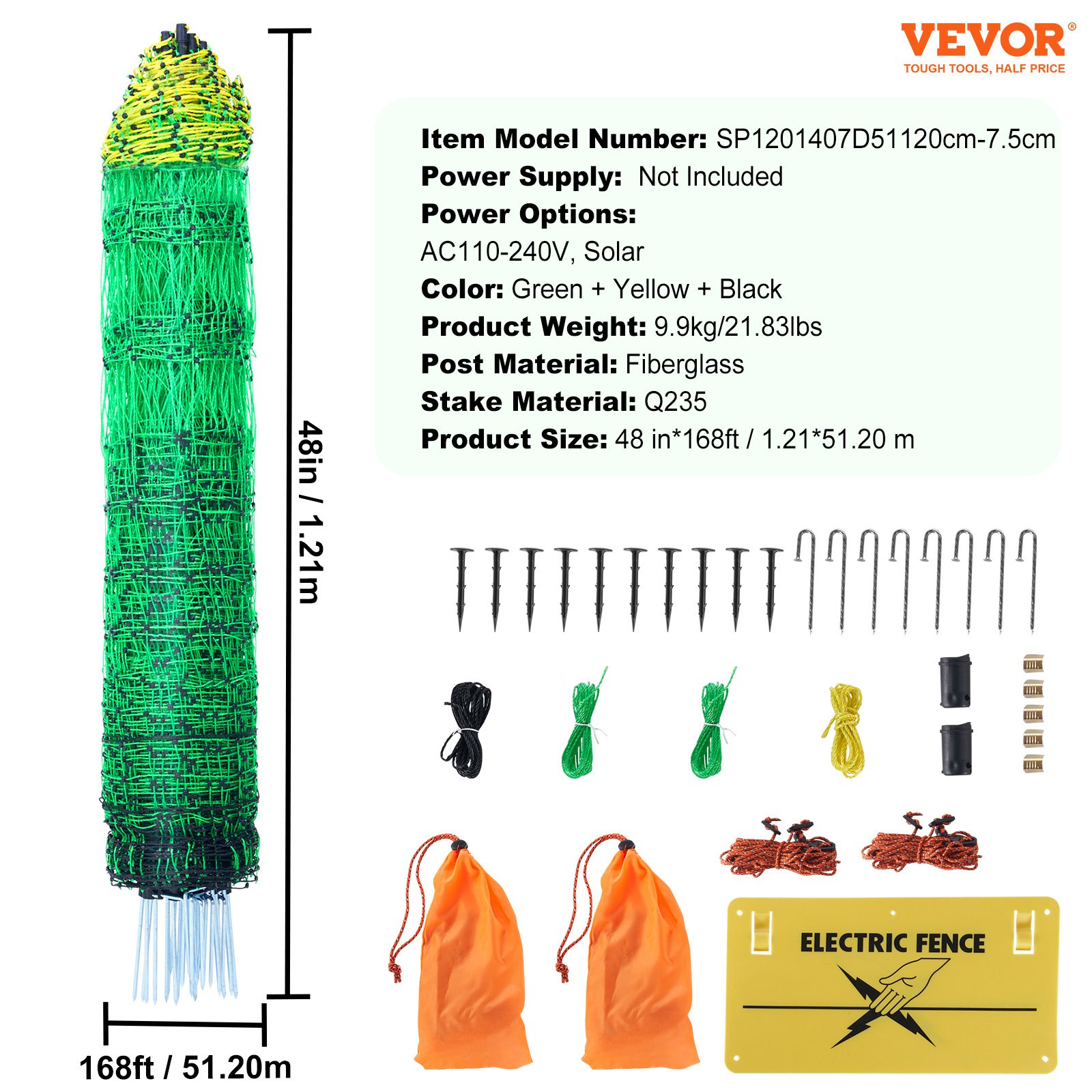 VEVOR Electric Fence Netting, 48" H x 168' L, PE Net Fencing Kit with Posts & Double-Spiked Stakes, Utility Portable Mesh for Chickens, Ducks, Geese, Rabbits, Used in Backyards, Farms, and Ranches