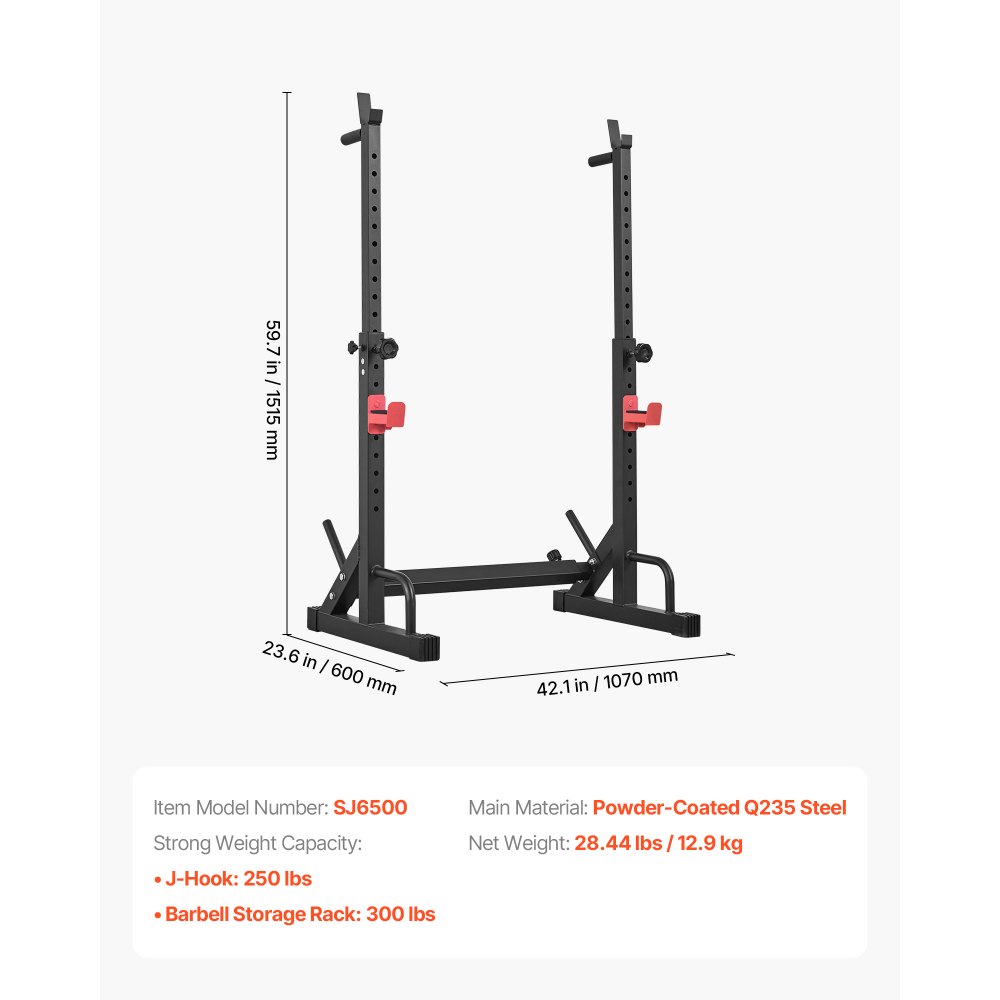 VEVOR Power Cage Squat Rack voor thuisgym met verstelbare hoogte en breedte, draagvermogen van 250 kg, krachttrainingsapparaat met halterrekken en J-haken voor bankdrukken, squats en gewichtheffen.