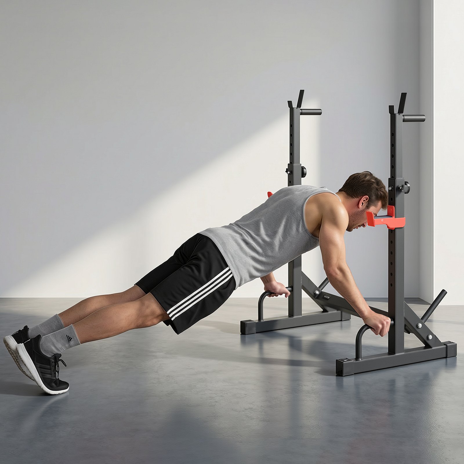 VEVOR Power Cage Squat Rack voor thuisgym met verstelbare hoogte en breedte, draagvermogen van 250 kg, krachttrainingsapparaat met halterrekken en J-haken voor bankdrukken, squats en gewichtheffen.