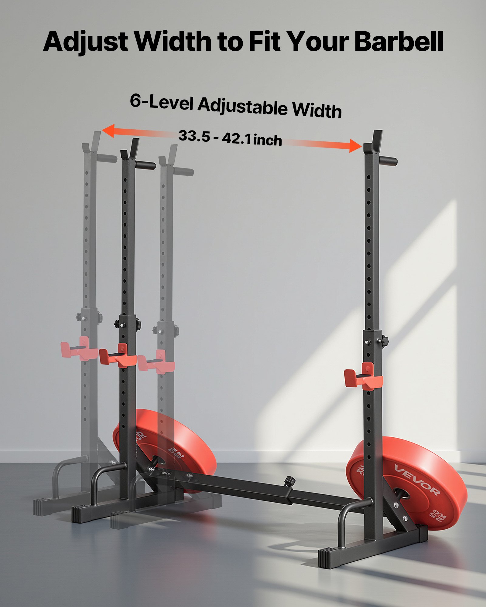 VEVOR Power Cage Squat Rack voor thuisgym met verstelbare hoogte en breedte, draagvermogen van 250 kg, krachttrainingsapparaat met halterrekken en J-haken voor bankdrukken, squats en gewichtheffen.