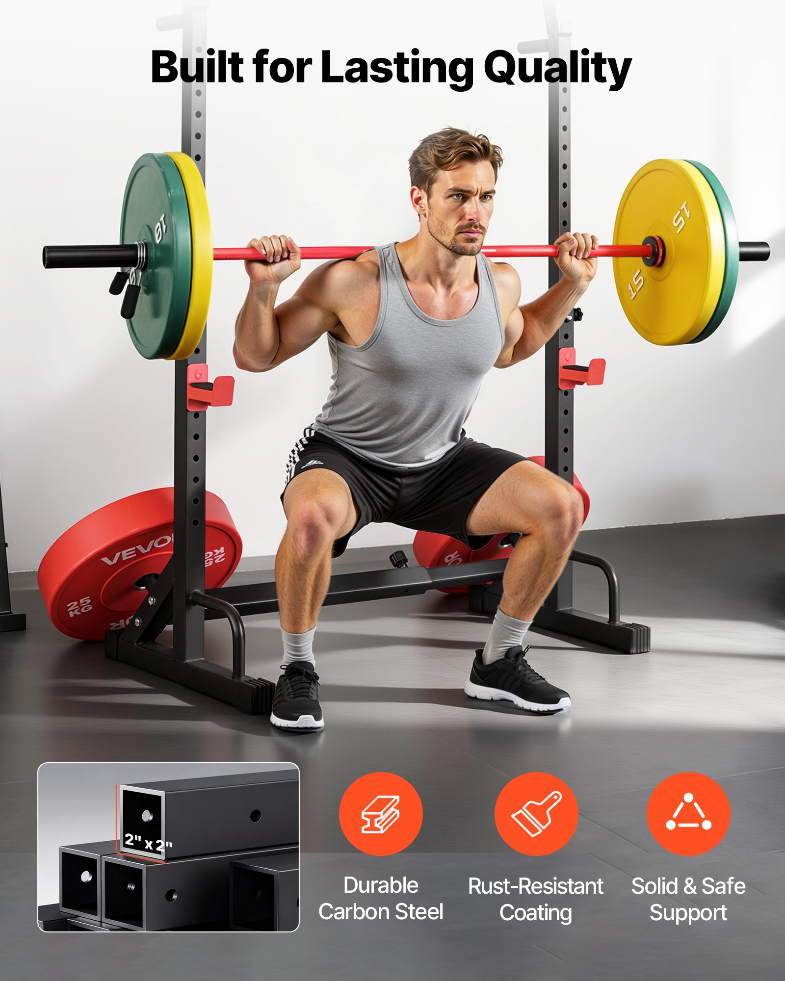 VEVOR Power Cage Squat Rack voor thuisgym met verstelbare hoogte en breedte, draagvermogen van 250 kg, krachttrainingsapparaat met halterrekken en J-haken voor bankdrukken, squats en gewichtheffen.