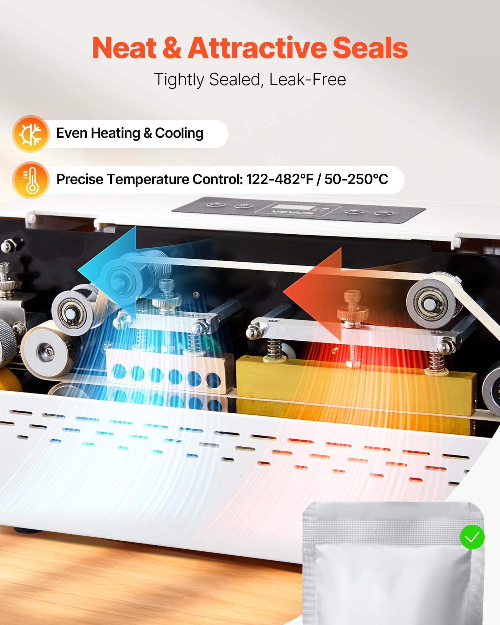VEVOR Continuous Sealing Machine, 8-12 mm Seal Width, Automatic Continuous Band Sealer with Digital Temperature Control, Automatic Shutdown, Heat Sealing Machine for 0.06-0.2 mm Plastic Bags