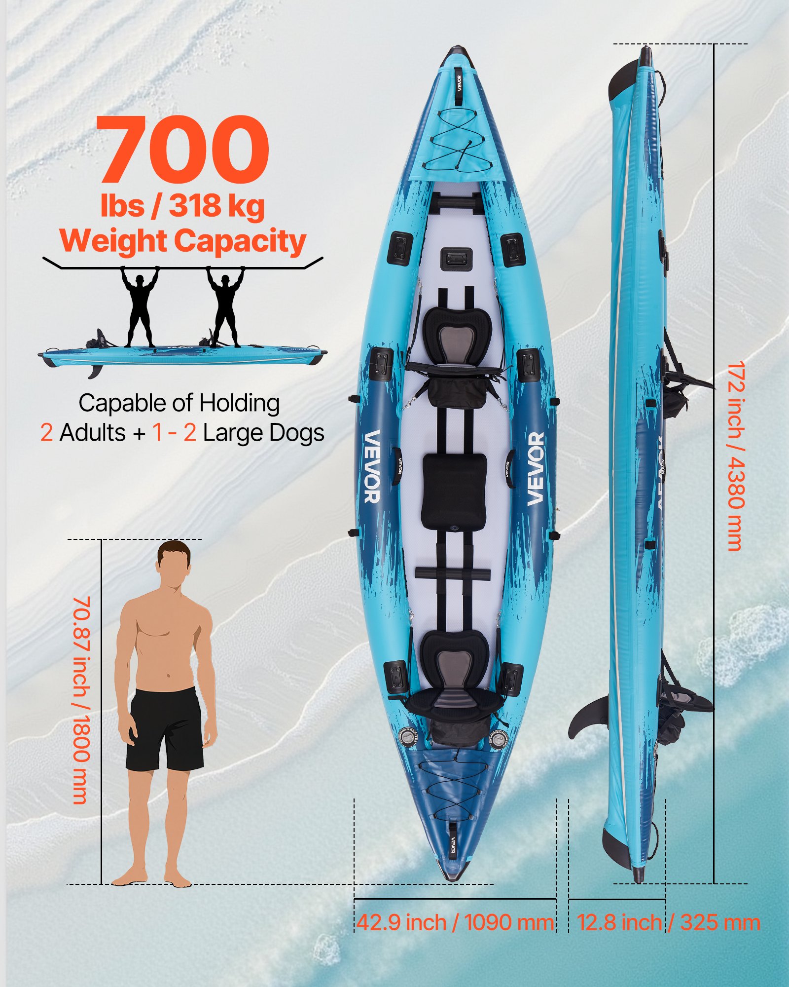 VEVOR Inflatable Kayak, 2-Person Inflatable Recreational Kayak 700LBS Capacity, Leak & Puncture-Resistant with Padded Seat, PVC Drop-Stitch Floor, 2 Paddles, Hand Pump & Carry Bag for Fishing Camping
