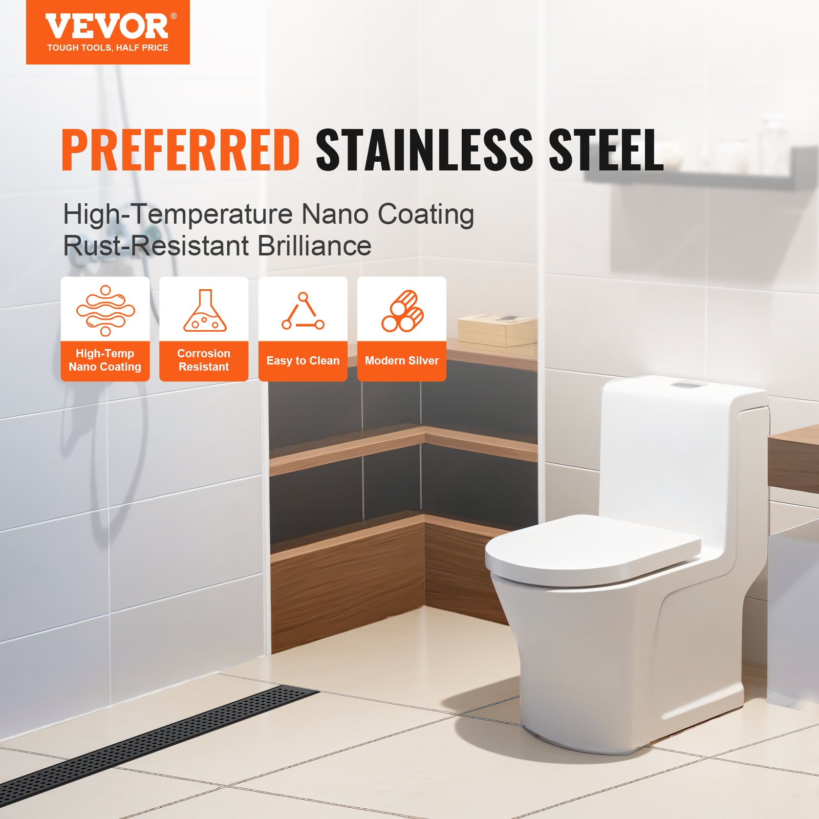 VEVOR Doucheafvoer 609 x 70 x 70 mm Vloerafvoer 42,5 L/min Afvoergoot RVS 304 Afvoer Doucheafvoer Rechthoekige Douchevloerafvoer, Slanke Lineaire Afvoer met Haarzeef, Matzwart