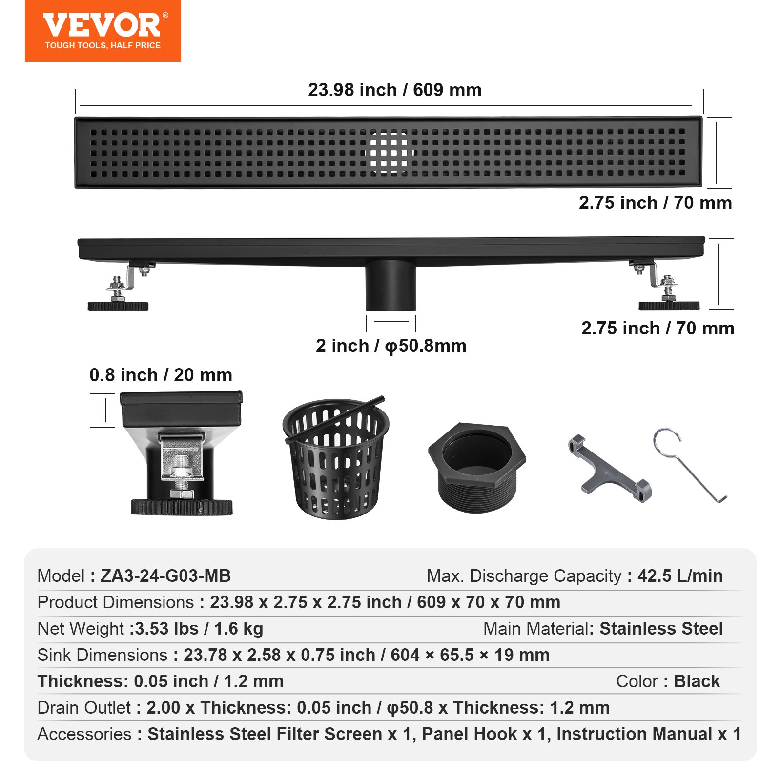 VEVOR Doucheafvoer 609 x 70 x 70 mm Vloerafvoer 42,5 L/min Afvoergoot RVS 304 Afvoer Doucheafvoer Rechthoekige Douchevloerafvoer, Slanke Lineaire Afvoer met Haarzeef, Matzwart