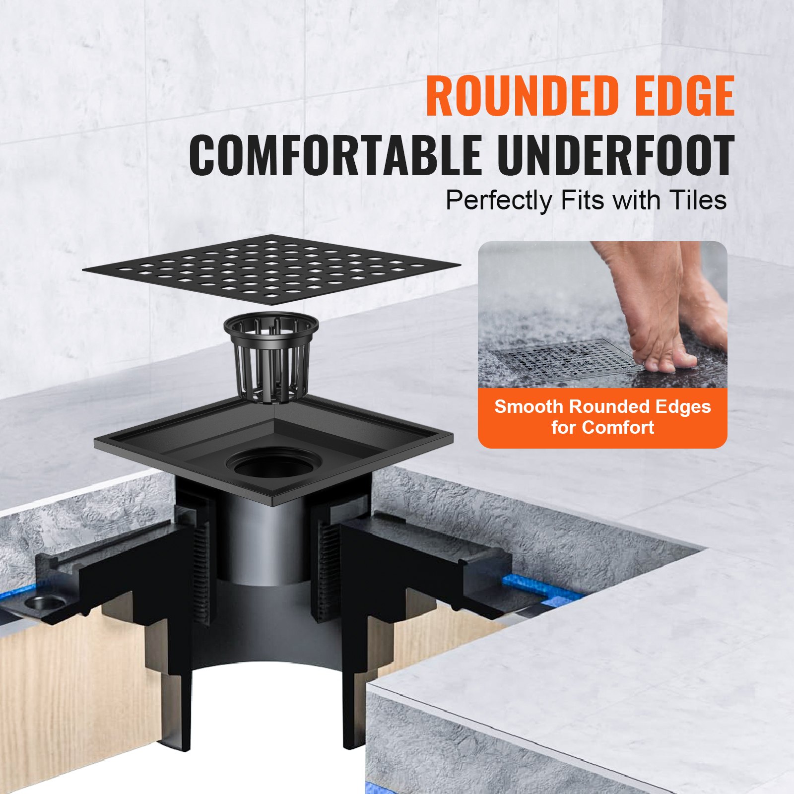 VEVOR douchegoot 140 x 140 x 15 mm vloerafvoer 48 L/min afvoergoot RVS 304 afvoer douchegoot rechthoekige doucheafvoer slanke lineaire afvoer met haarzeef, mat zwart