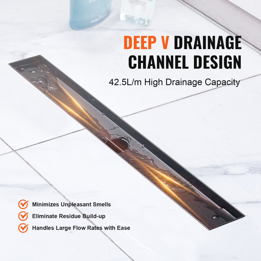VEVOR 610mm Linear Shower Drain Offset with Tile Insert Cover,Brushed 304 Stainless Steel Rectangle Shower Floor Drain, Sleek Linear Drain with Hair Strainer, Black