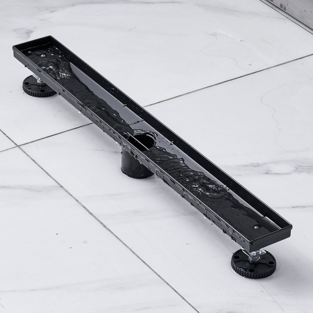 VEVOR 610mm Linear Shower Drain Offset with Tile Insert Cover,Brushed 304 Stainless Steel Rectangle Shower Floor Drain, Sleek Linear Drain with Hair Strainer, Black