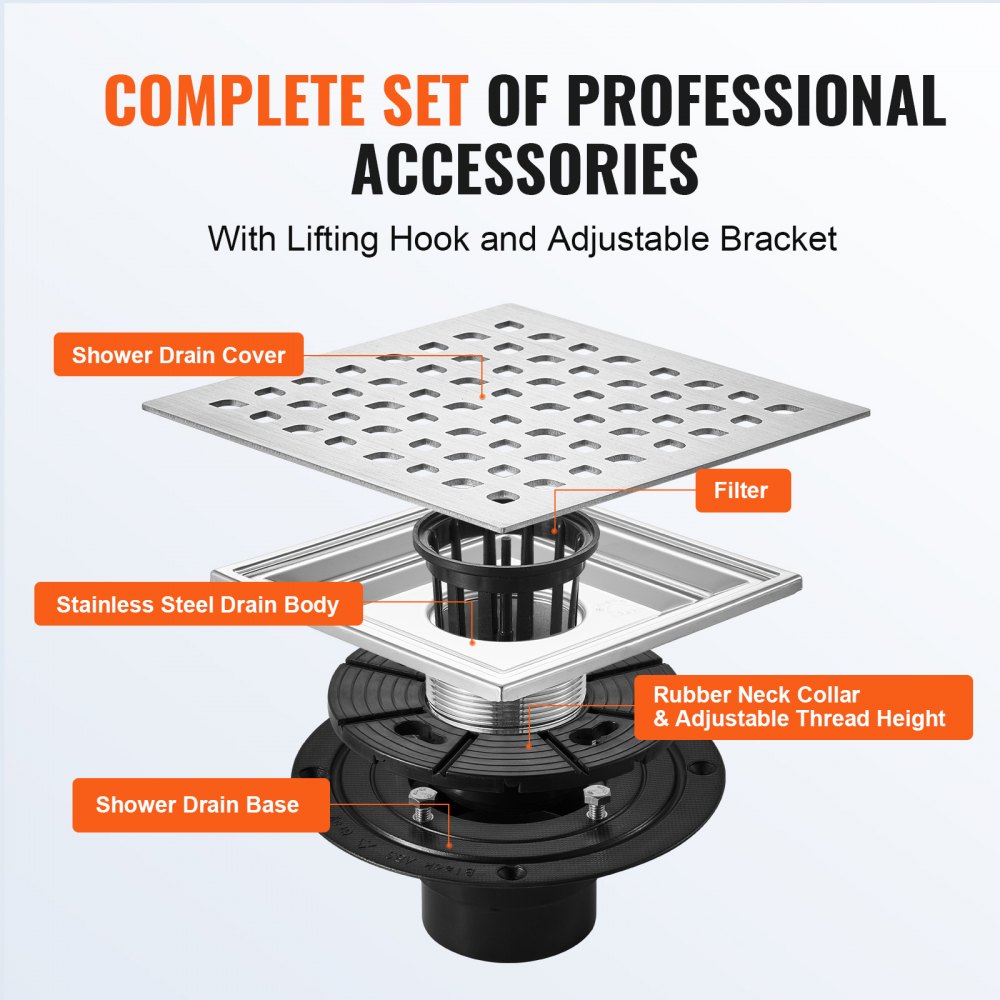 VEVOR douchegoot 152,5 x 152,5 x 90 mm vloerafvoer 42,5 L/min afvoergoot RVS 304 afvoer douchegoot rechthoekige doucheafvoer, lineaire afvoer met stelvoeten, haarzeef, zilver