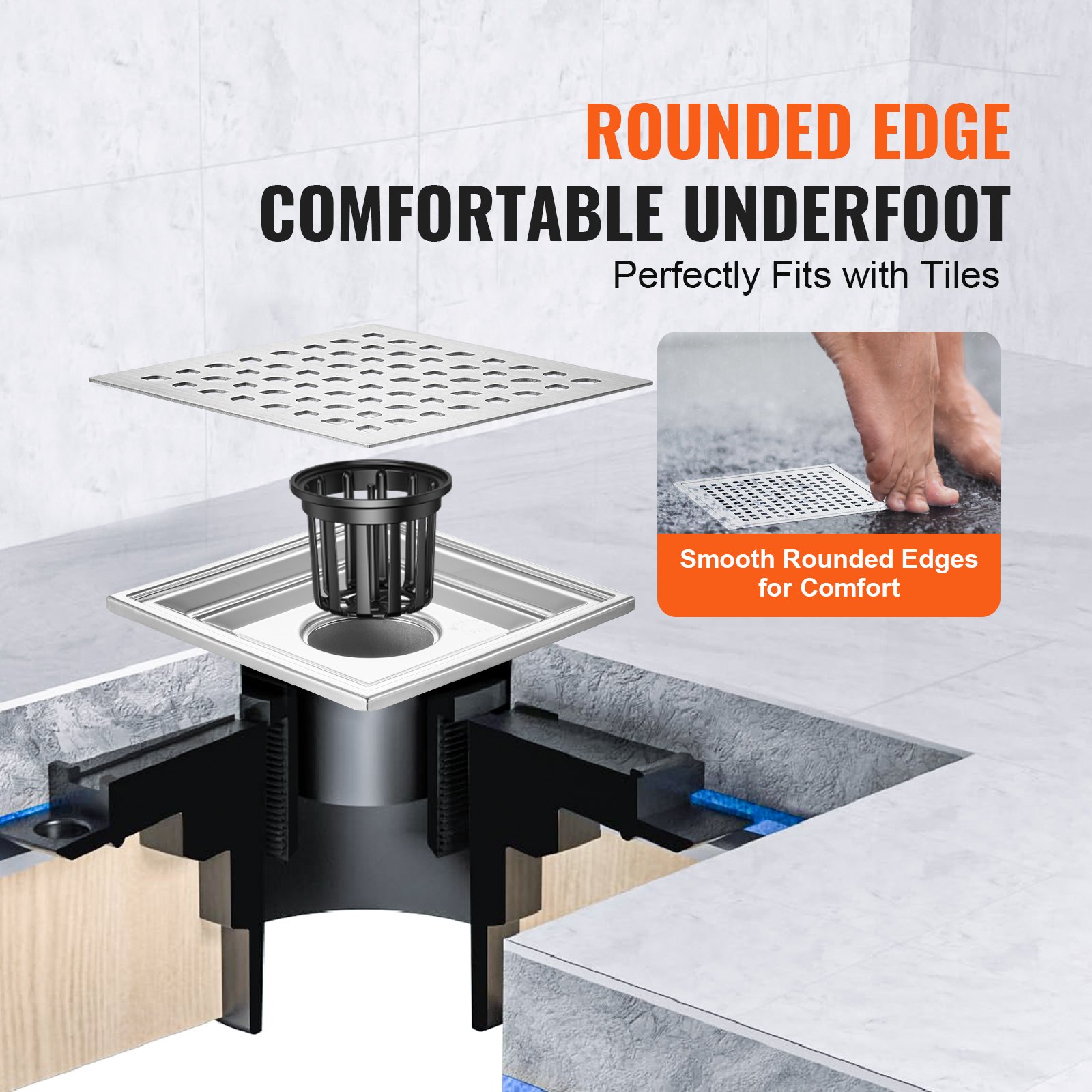 VEVOR douchegoot 152,5 x 152,5 x 90 mm vloerafvoer 42,5 L/min afvoergoot RVS 304 afvoer douchegoot rechthoekige doucheafvoer, lineaire afvoer met stelvoeten, haarzeef, zilver