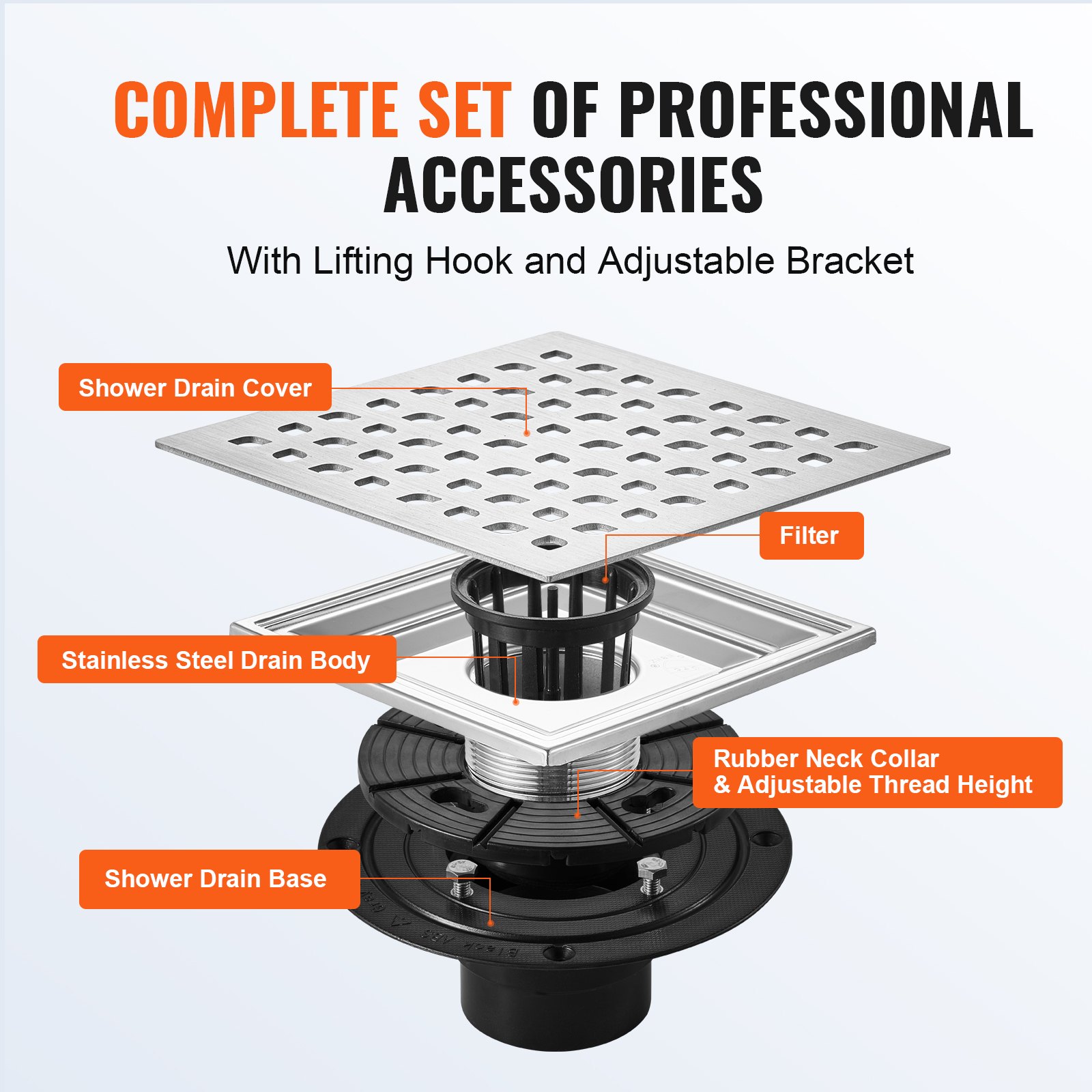 VEVOR douchegoot 152,5 x 152,5 x 90 mm vloerafvoer 42,5 L/min afvoergoot RVS 304 afvoer douchegoot rechthoekige doucheafvoer, lineaire afvoer met stelvoeten, haarzeef, zilver