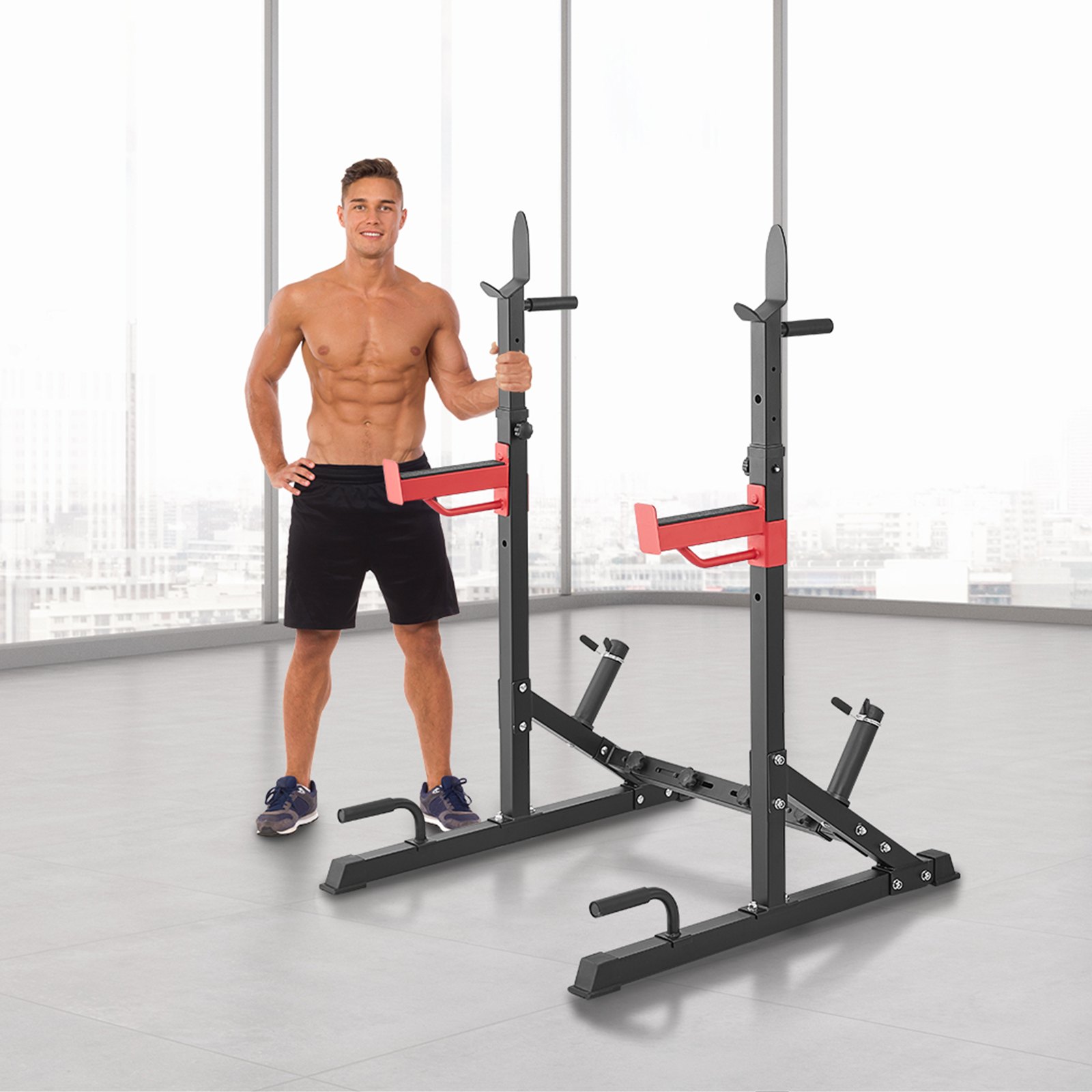 VEVOR Squat Stand Power Rack, multifunctionele halterstandaard met haak, opslaghulpstuk voor gewichtsplaten, verstelbare gratis bankdrukstandaard, maximale belasting 600 pond, stalen oefenvierkant