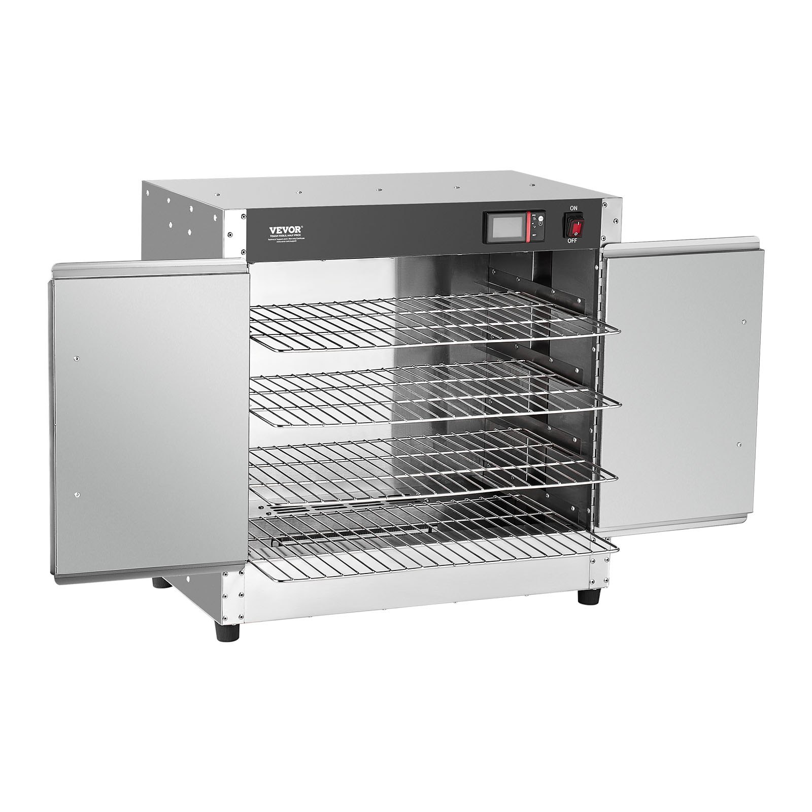 VEVOR Voedselverwarmer 4-laags snackverwarmer met waterbak, 4 pannen, dubbele deur en verstelbare planken, roestvrijstalen voedselverwarmerkast, ideaal voor het bewaren van pizza en kip