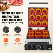 VEVOR Elektrische Donut Maker, 2KW Commerciële Non-stick Donut Machine, 9 Gaten, Dubbelzijdige Verwarming Wafelmachine voor 9 Donuts, 50-300°C, voor Restaurants en Thuisgebruik