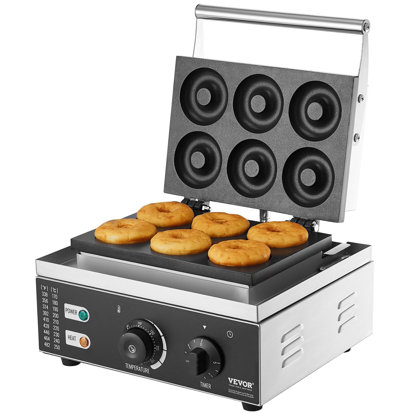 VEVOR Elektrische Donutmaker, 1550W Commerciële Donutmaker met Antiaanbaklaag, 6 Gaten, Dubbelzijdig Verwarmbaar Wafelijzer voor 6 Donuts, 50-300°C, voor Restaurants en Thuisgebruik