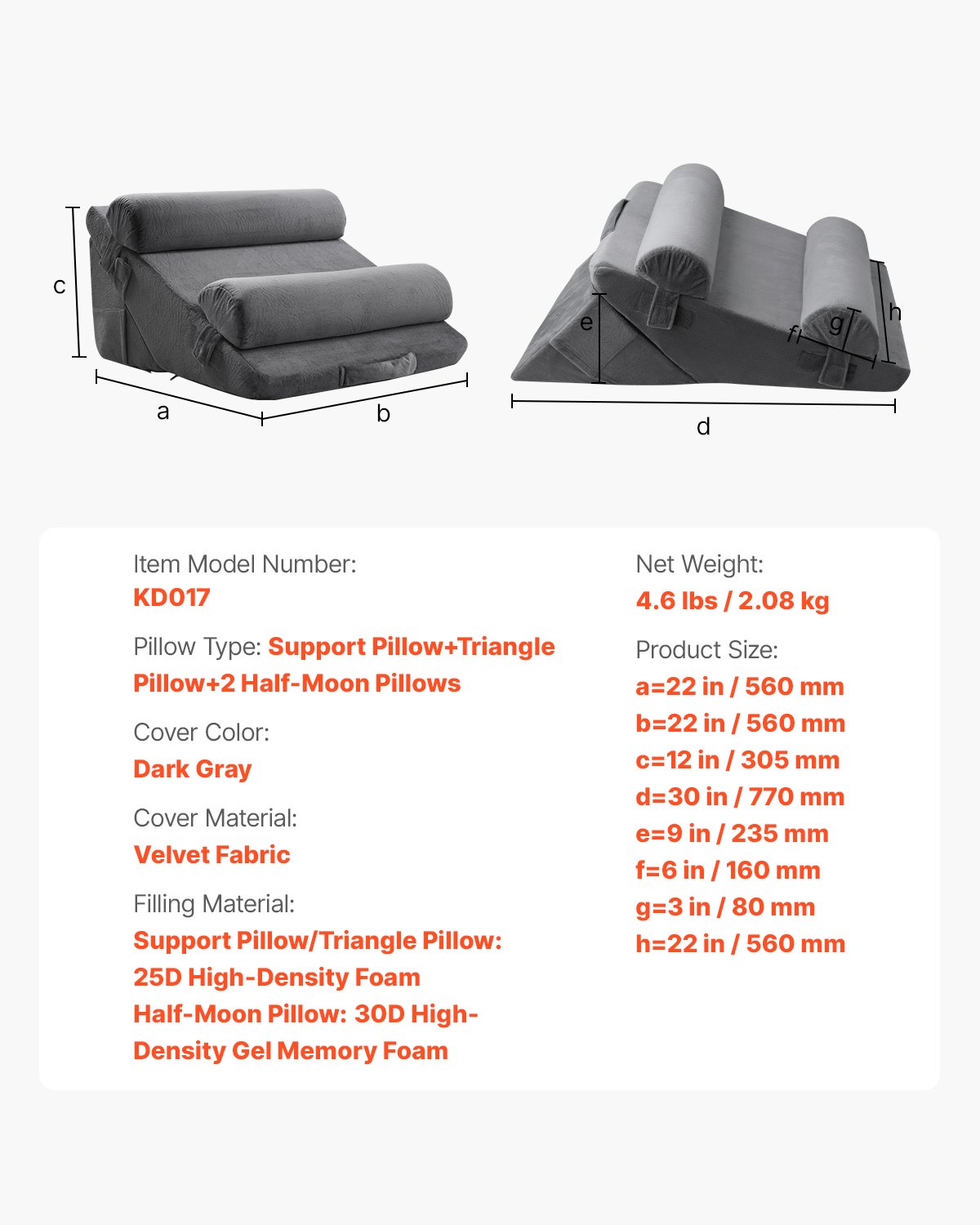 VEVOR Wedge Pillow for Sleeping, 4 Pcs Adjustable Orthopedic Bed Wedge Set, Support Arm Leg Neck Shoulder, Post Surgery Pillow for Back Pain, Acid Reflux, Snoring Relief, Sitting up in Bed, Dark Grey