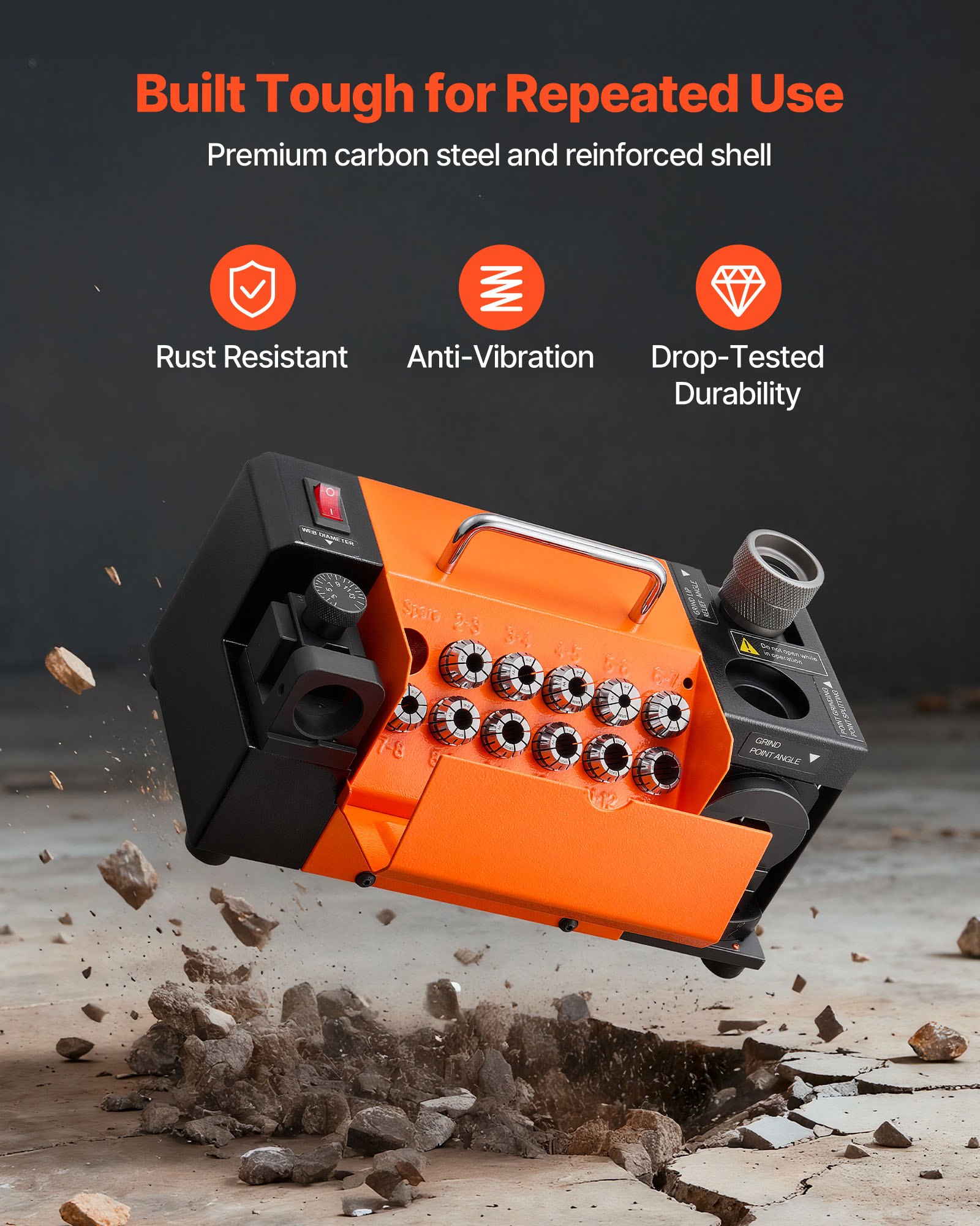 VEVOR Drill Bits Sharpener MR-13D, 3–13mm Professional Drill Bit Grinder with Adjustable Lip Relief Angle, Front Cutting Lip & 95°-135° Point Angle, 4600RPM Re-Sharpener with 11 Collets & CBN Wheel