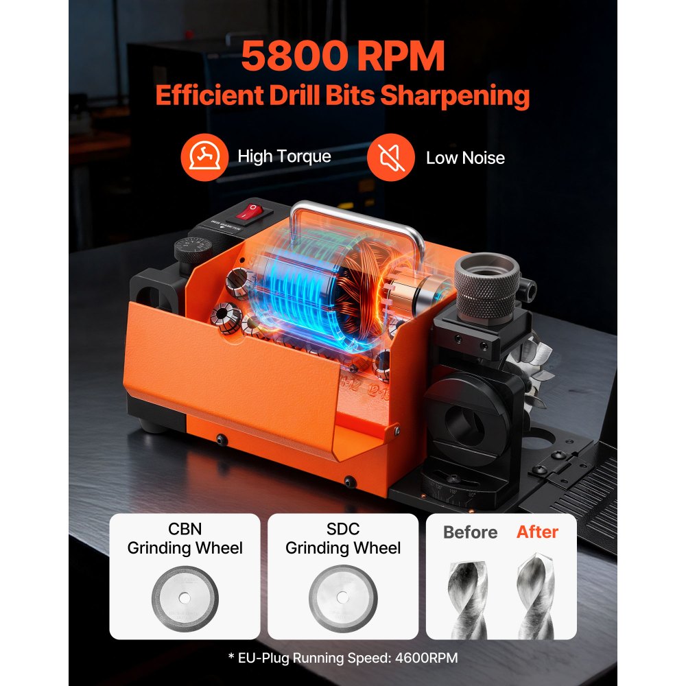 VEVOR Drill Bits Sharpener MR-13B, 3-15mm Drill Bit Grinder Sharpener with Adjustable Lip Relief Angle & 95°-135° Point Angle, 4600RPM High Speed Re-Sharpener with 13 Collets, CBN & SDC Wheels