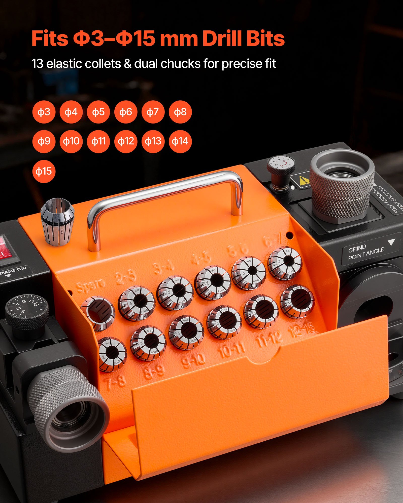 VEVOR Drill Bits Sharpener MR-13B, 3-15mm Drill Bit Grinder Sharpener with Adjustable Lip Relief Angle & 95°-135° Point Angle, 4600RPM High Speed Re-Sharpener with 13 Collets, CBN & SDC Wheels