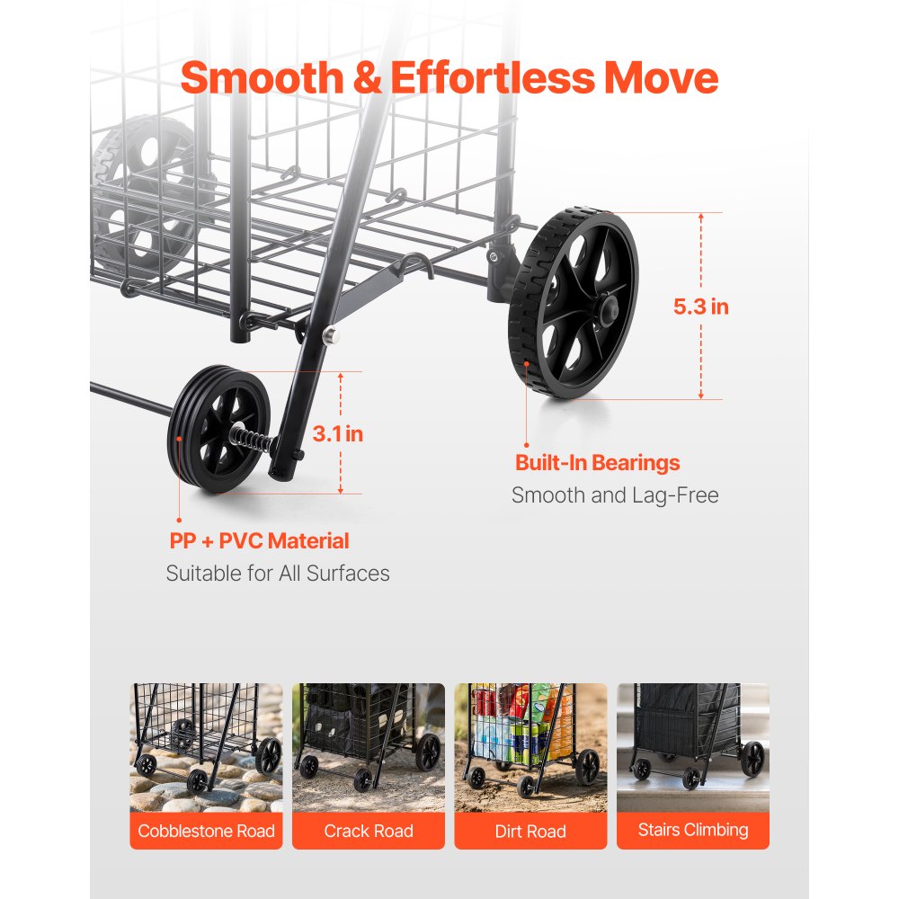 VEVOR Winkelwagen, opvouwbare winkelwagen met zwenkwielen en een laadvermogen van 40,8 kg, 39 liter winkelwagen, wasmand voor wasgoed, winkelen, kamperen, boodschappen, bagage, zwart