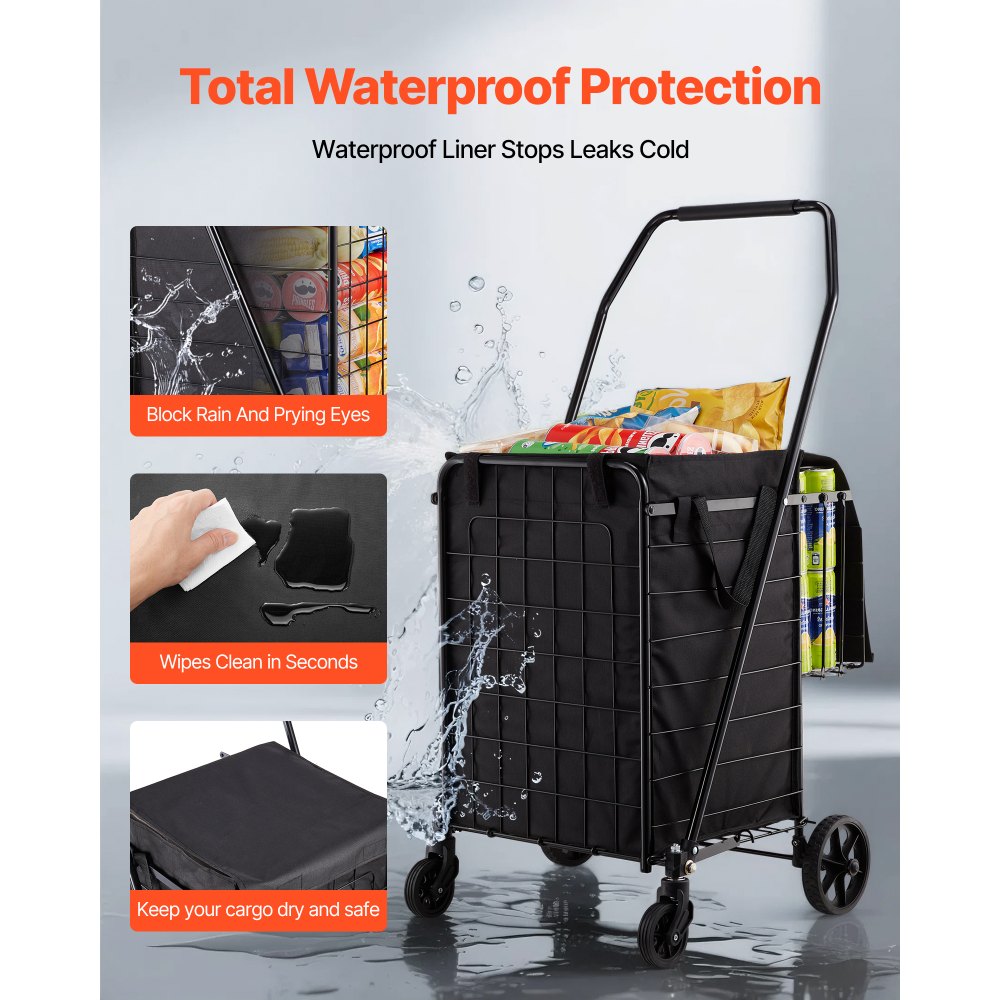 VEVOR Shopping Cart, Folding Grocery Utility Cart with Dual Baskets, Waterproof Liner & Wheels, 45 KG Large Load Capacity, Heavy Duty Laundry Basket for Laundry, Shopping, Camping, Grocery, Luggage