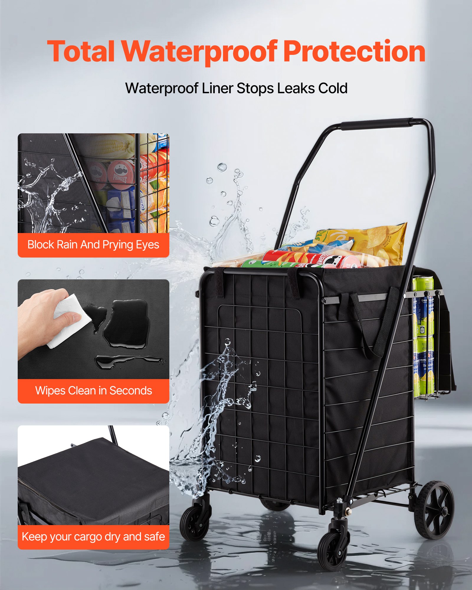 VEVOR Shopping Cart, Folding Grocery Utility Cart with Dual Baskets, Waterproof Liner & Wheels, 45 KG Large Load Capacity, Heavy Duty Laundry Basket for Laundry, Shopping, Camping, Grocery, Luggage