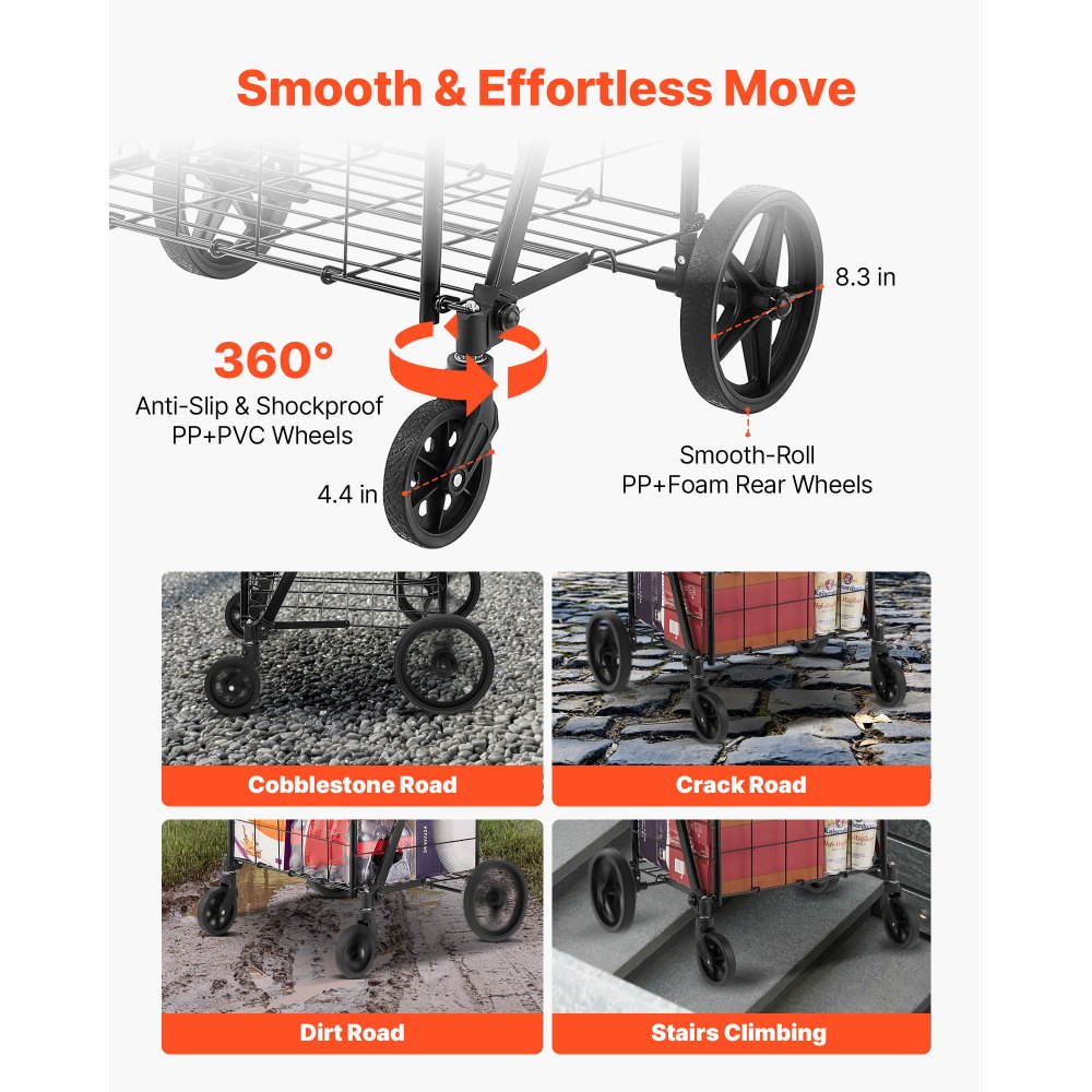 VEVOR Folding Shopping Cart, Jumbo Grocery Cart with Double Baskets, 360° Swivel Wheels, Heavy Duty Utility Cart, 110 LBS Large Capacity Utility Cart for Laundry, Shopping, Grocery, Luggage