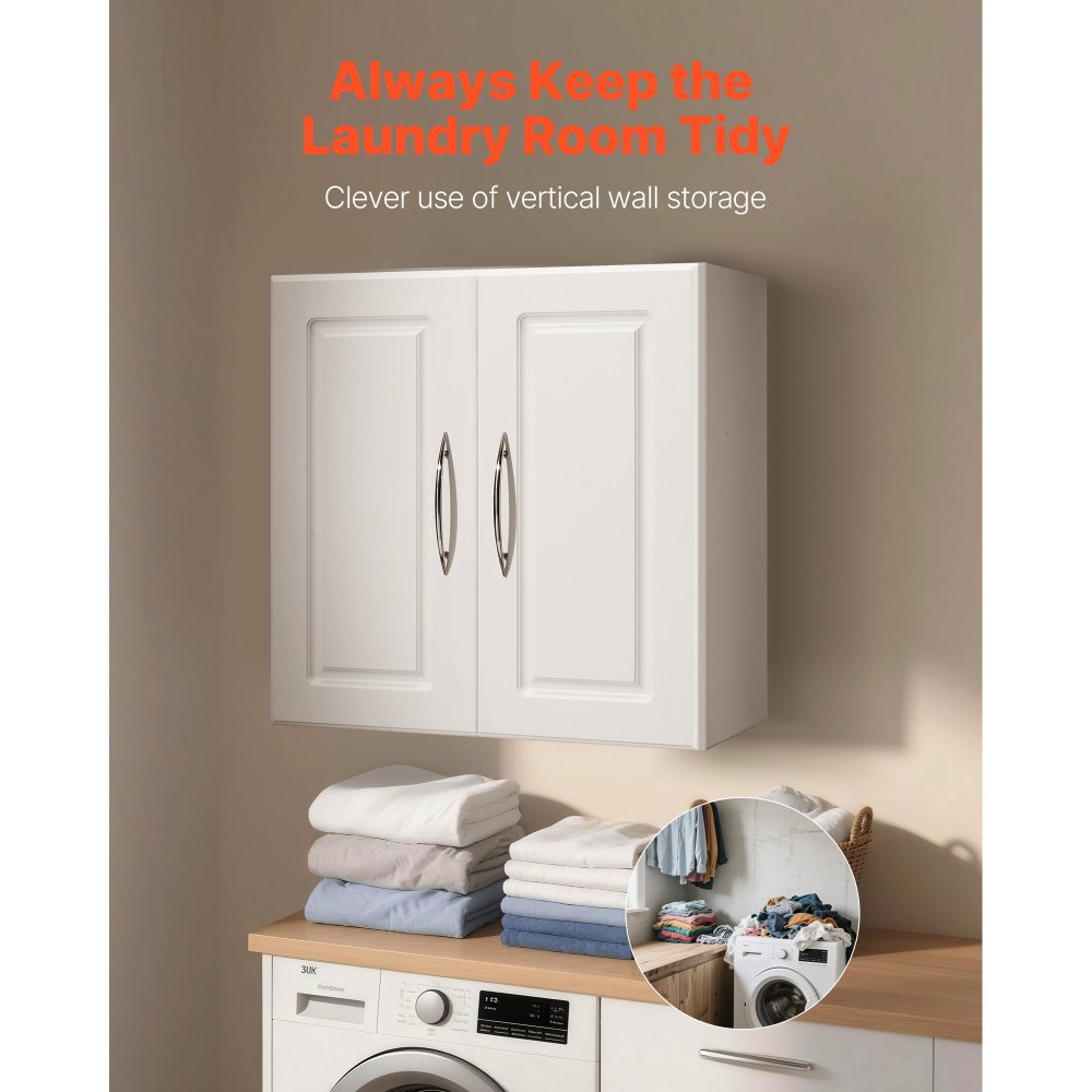 VEVOR Laundry Room Wall Cabinet, 2-Tier Wall Mounted Hanging Cabinet with Adjustable Shelf, Cupboard Storage with 2 Doors, for Kitchen, Bathroom, Laundry, 11.8 x 23.6 x 23.6 in (D x W x H), White