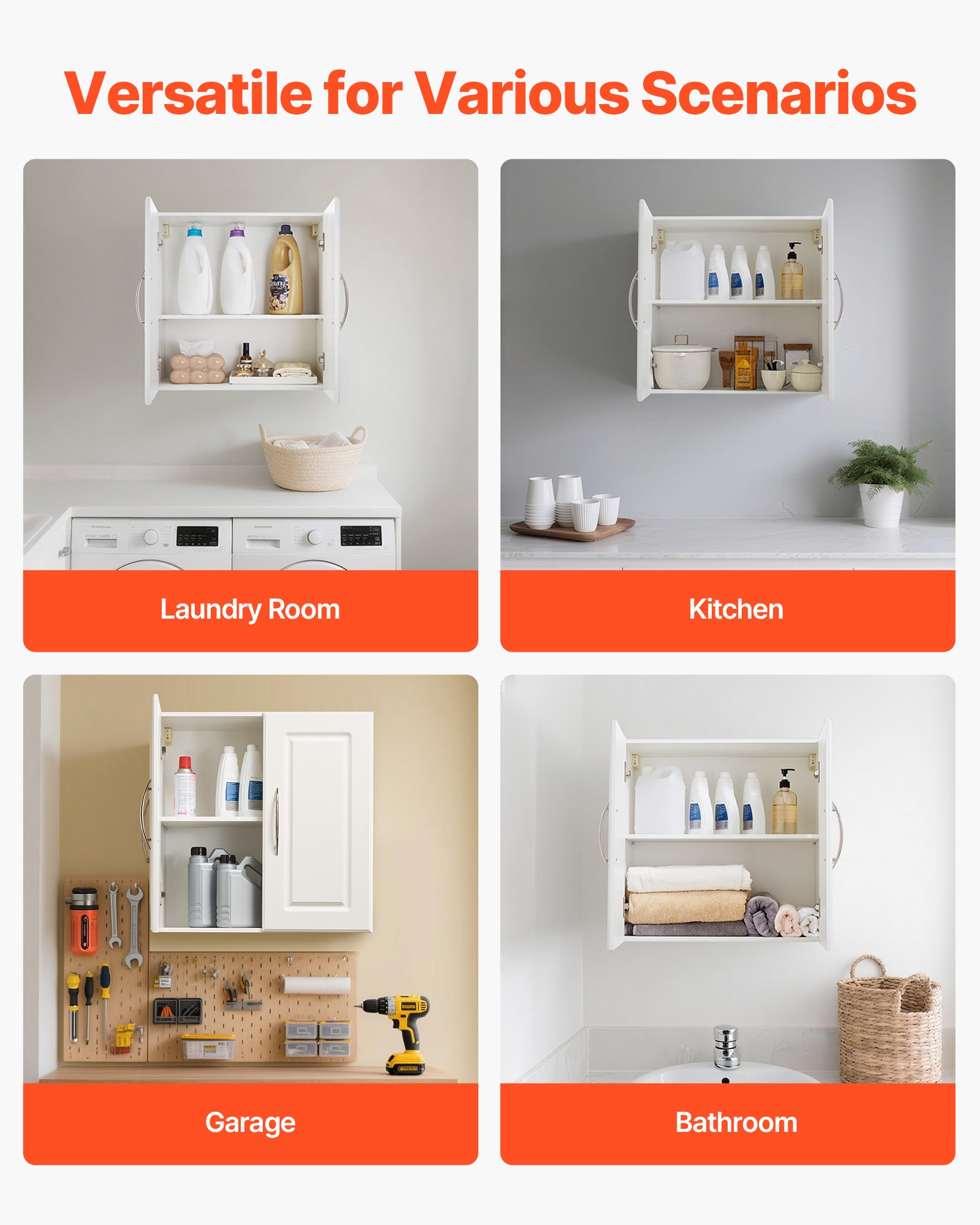 VEVOR Laundry Room Wall Cabinet, 2-Tier Wall Mounted Hanging Cabinet with Adjustable Shelf, Cupboard Storage with 2 Doors, for Kitchen, Bathroom, Laundry, 11.8 x 23.6 x 23.6 in (D x W x H), White